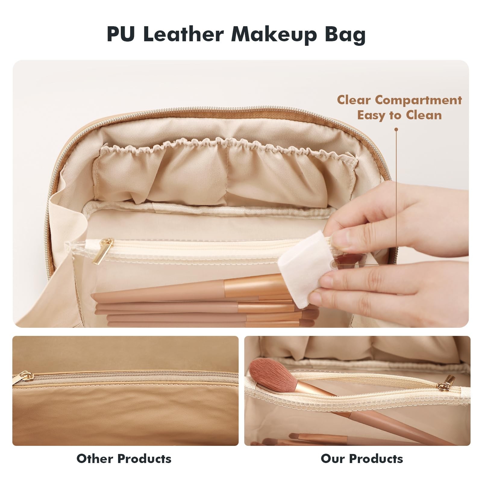 Prite Makeup Bag for Women Travel Waterproof Vegan Leather Medium, Beige