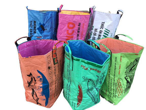 Fair Trade Upcycled Laundry Basket made from Recycled Fish Feed Bags in Cambodia