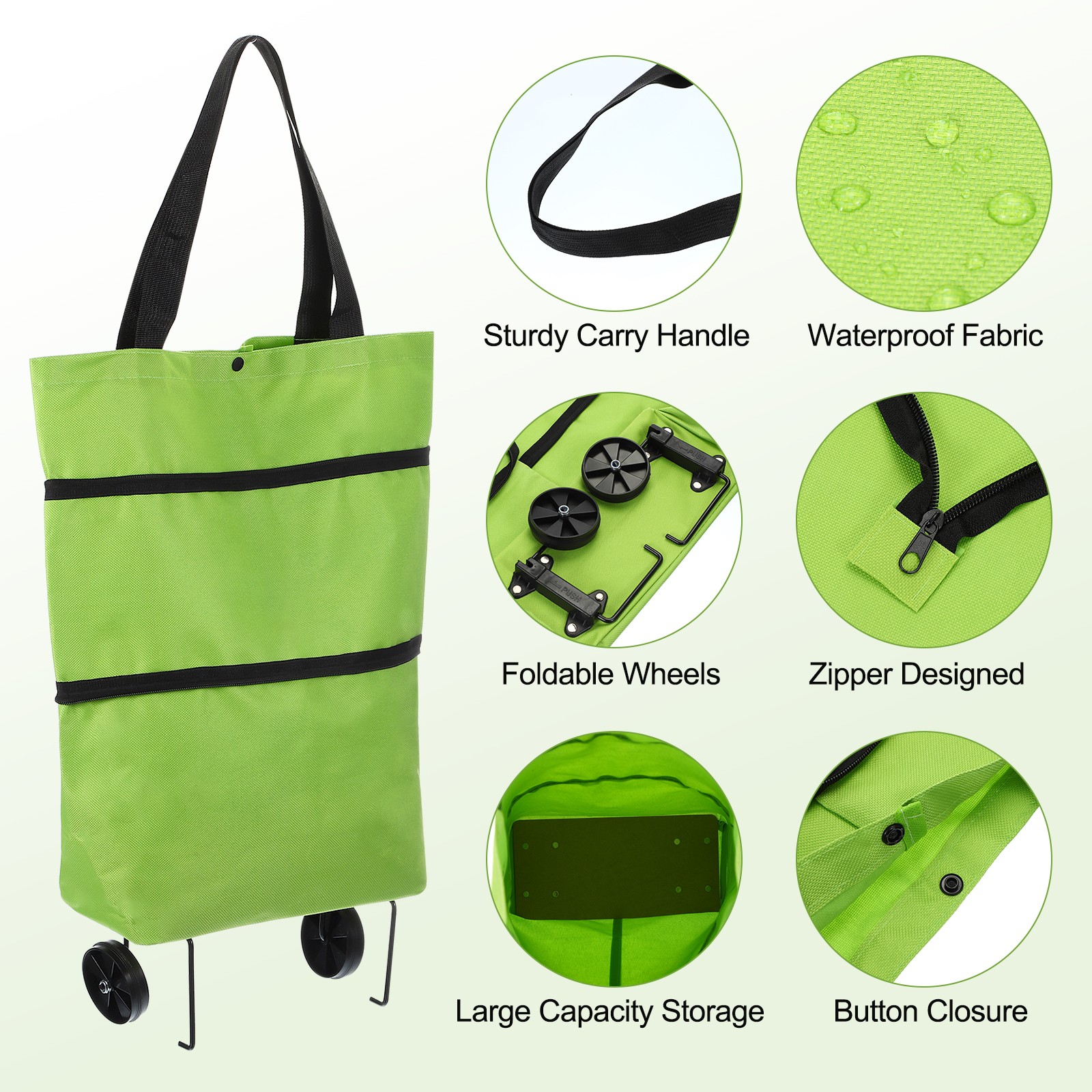 Folding Shopping Bag with Wheels 66lb Reusable Collapsible Grocery Cart Green