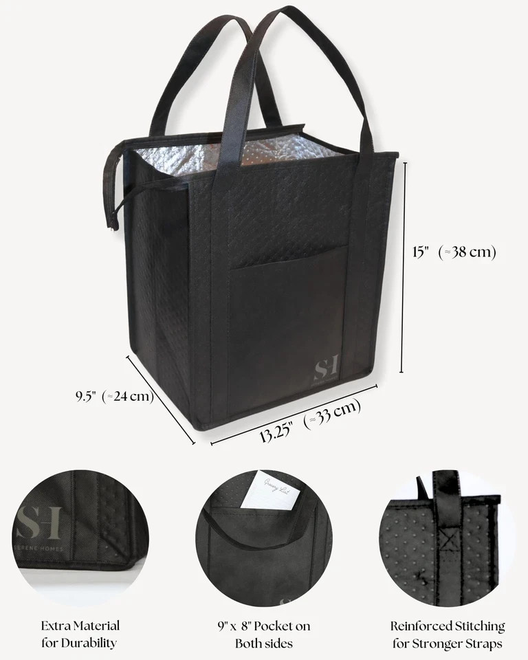 Black Insulated Grocery Bags, 4 Pack Reusable Shopping Bags with Zippered Top