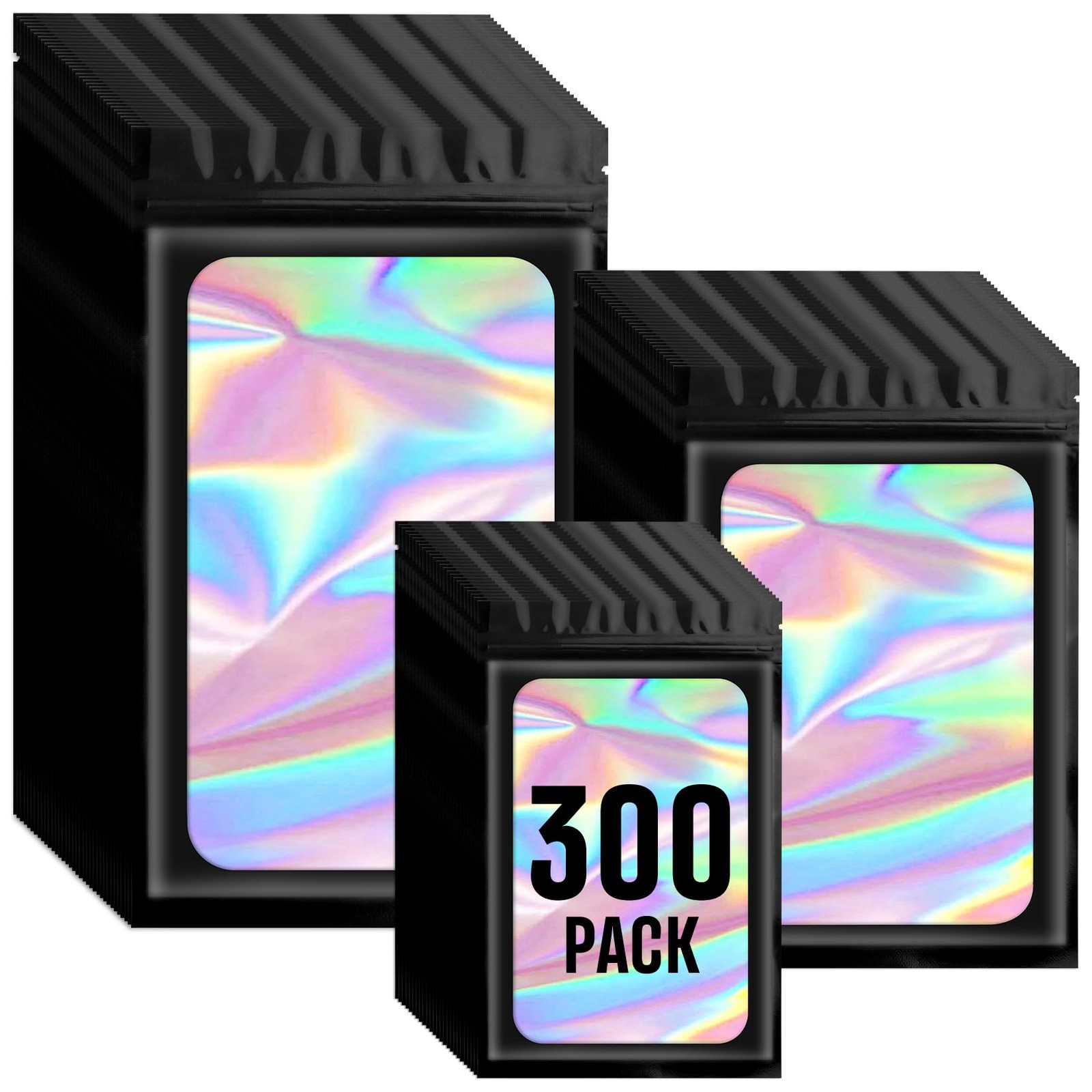 Funfery 300 Pack 3 Size Mylar Holographic Bags with Clear Medium, Black