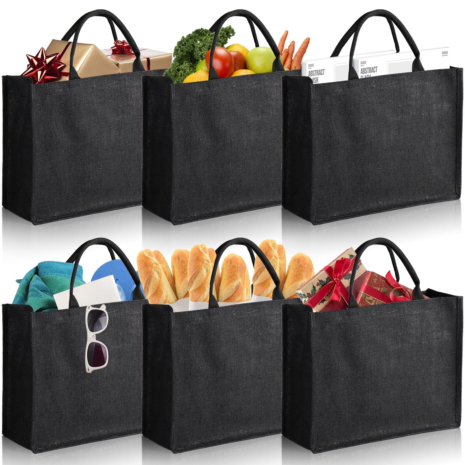 6 PCS Large Jute Burlap Tote Bag Black Laminated Interior 15.4×12.2×5.9 In