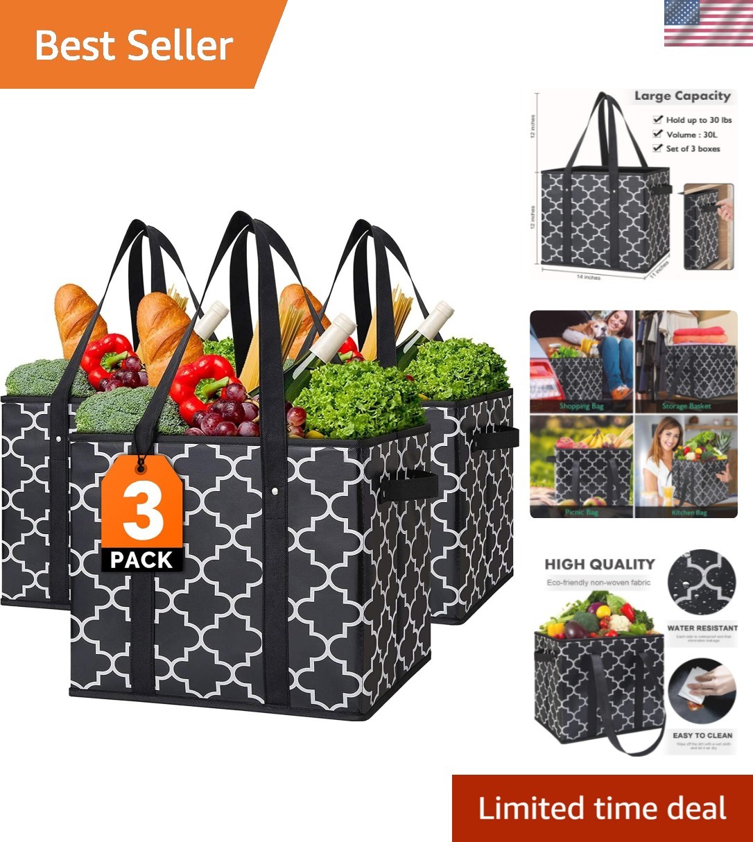 Reusable Grocery Bags 3-Pack Foldable Washable Large Storage Bins Basket Wate…