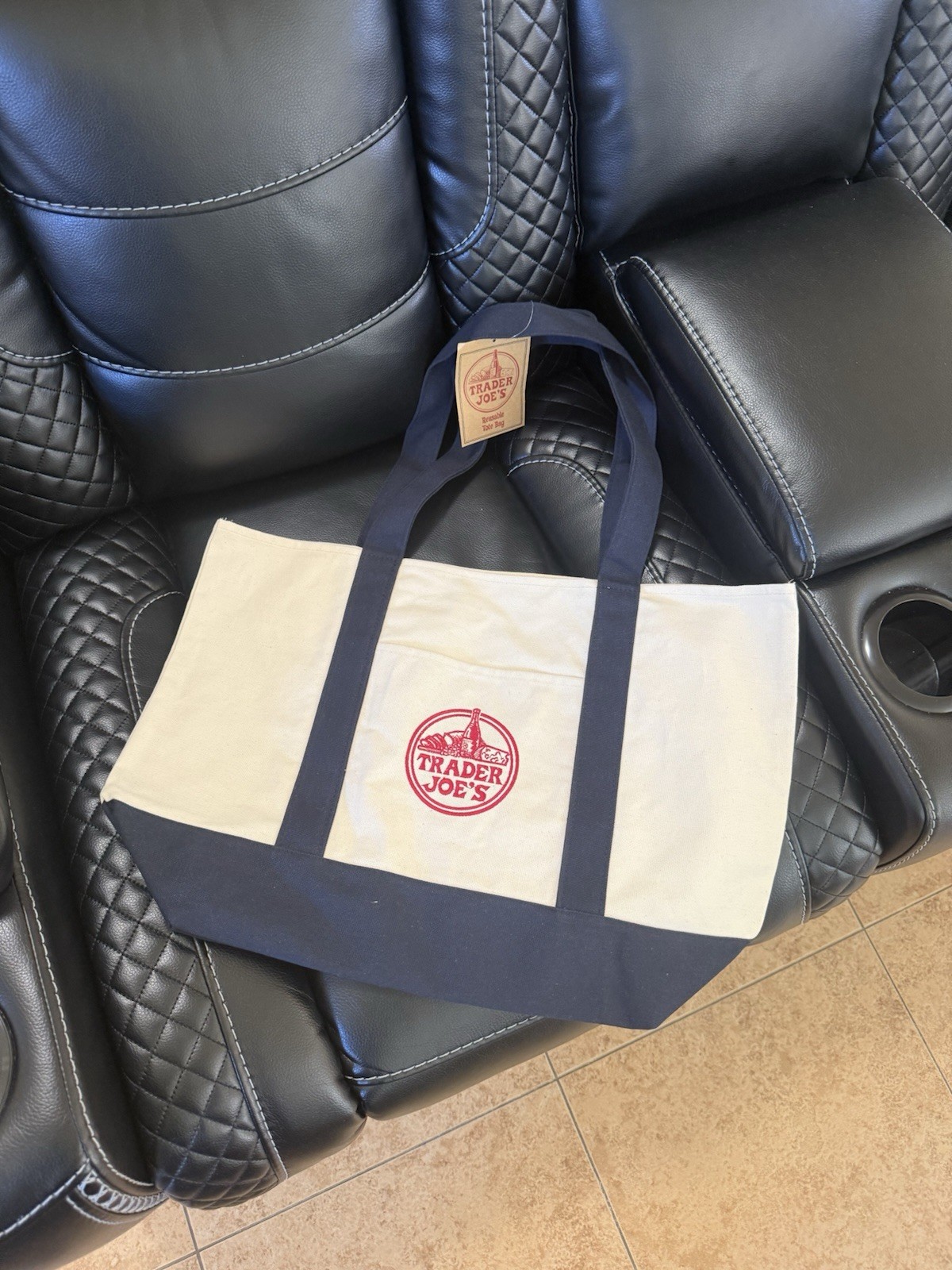 Trader Joe’s Canvas Reusable Tote Bag Foldable Beige Navy Blue Solid