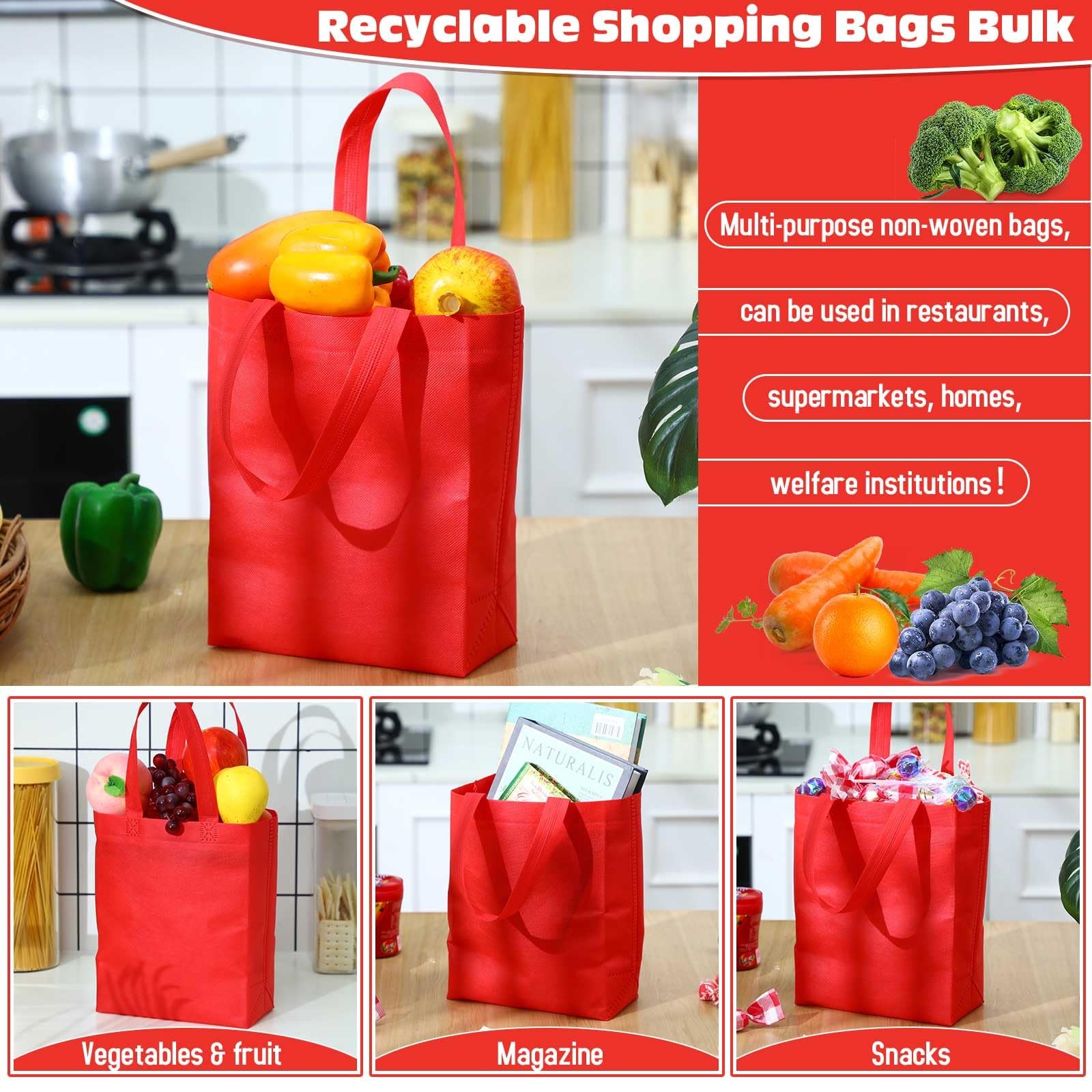 50 PCS Red Non Woven Reusable Grocery Tote Bag With Handle 8x4x10 Inch