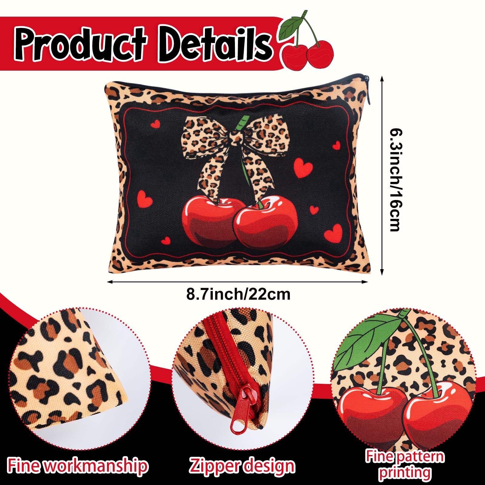 Qeinwha 9 Pcs Cheetah and Cherry Makeup Bag 8.7 x 6.3 inches, Multicolor