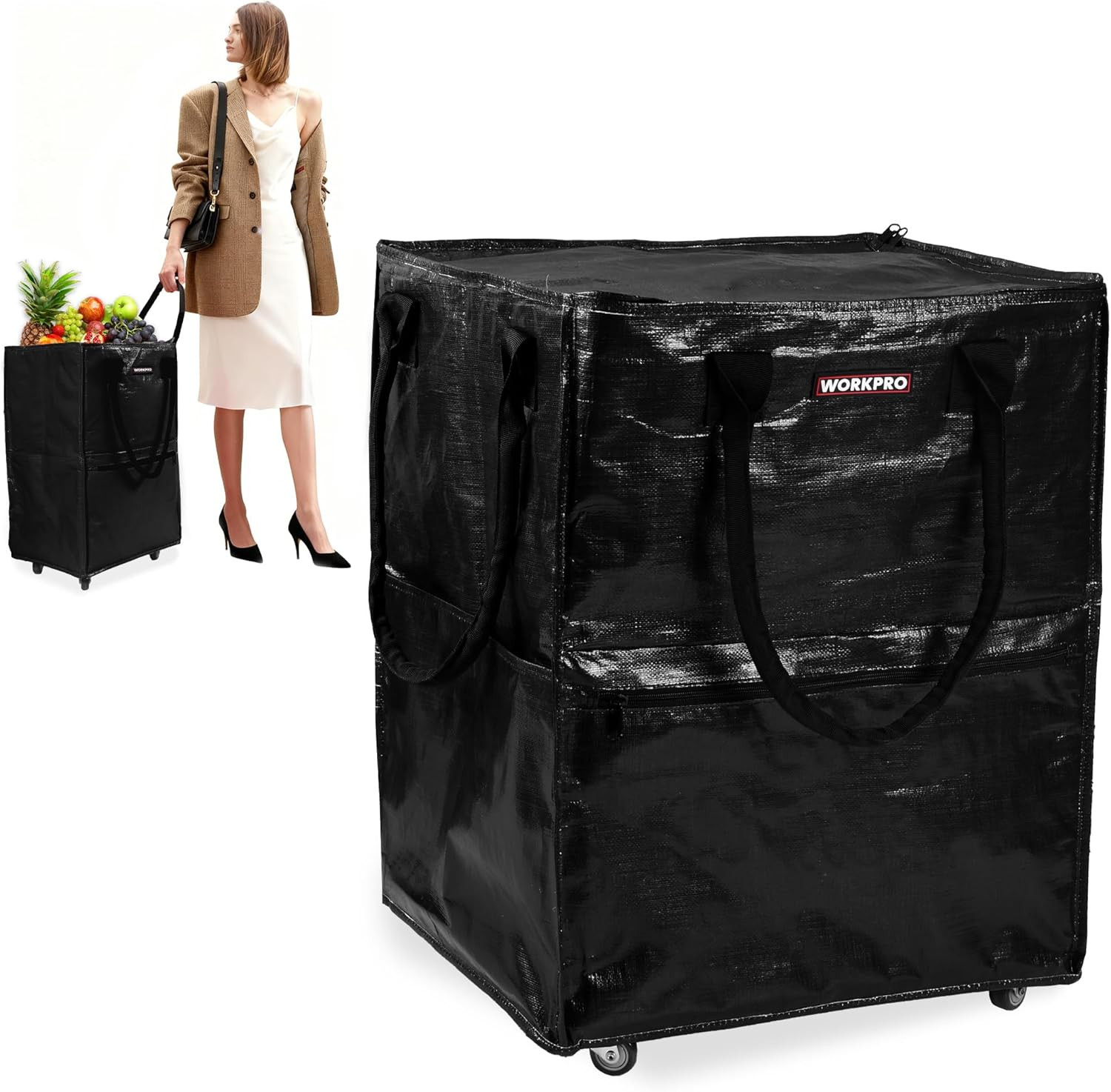 WORKPRO Medium Reusable Grocery Bag on Wheels, Heavy Duty Rolling Shopping Tote