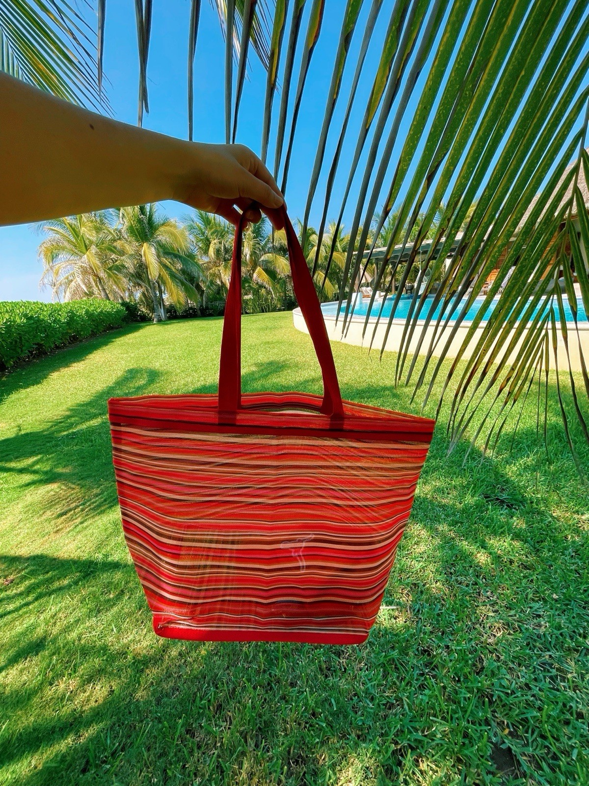 Foldable Striped Reusable Shopping Bag Red Multicolor Synthetic Fabric