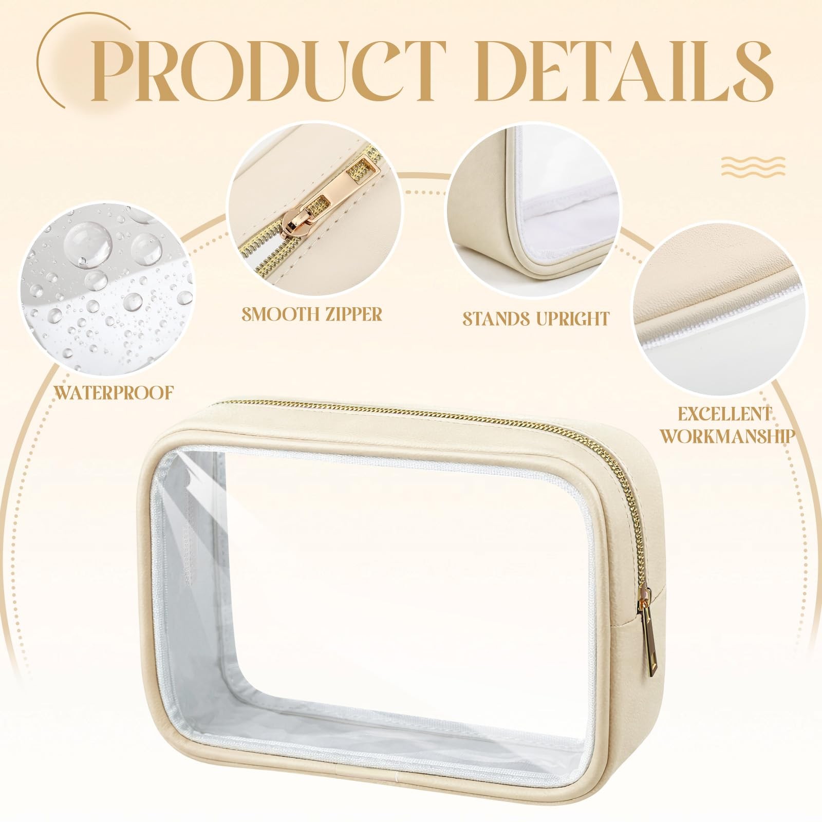 Abbylike 6 Pcs Clear Makeup Bags Bulk PU 7.87 x 5.12 x 2.56 inches, Beige