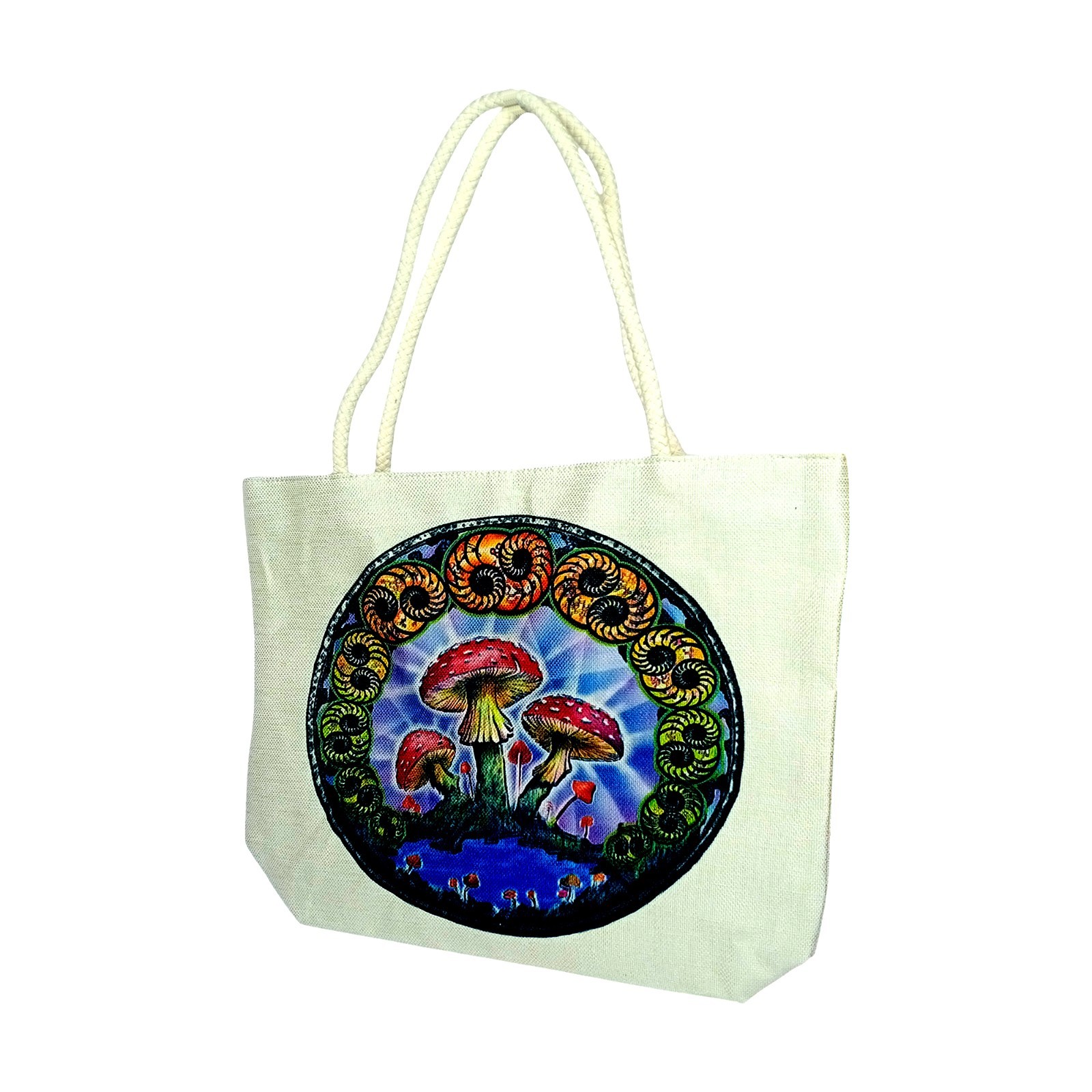 DuBois Mushrooms Jute Rope Handled Tote Bag Design – 16″ x 15″ x 5″