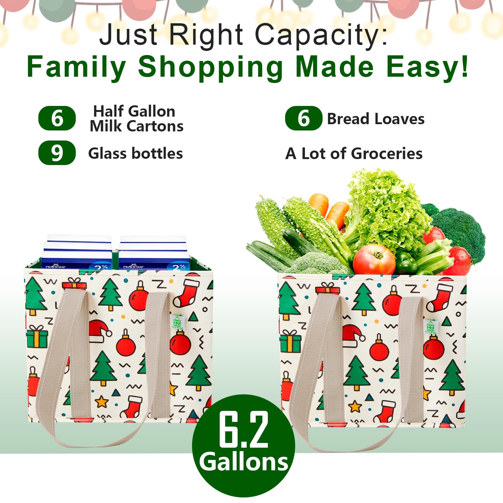 Christmas Reusable Grocery Heavy Duty Tote Shopping Bags Jingle Mix 3 PCS