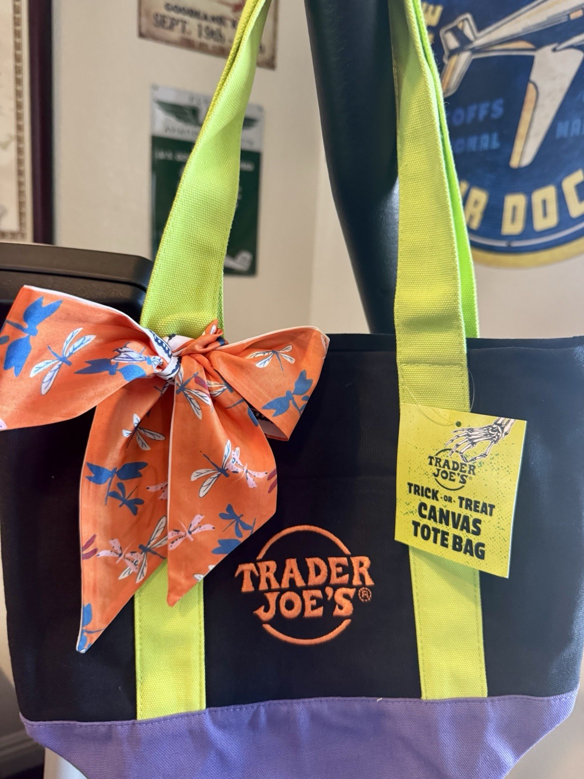 Trader Joe’s Canvas Mini Tote Bag Black Green Purple with Orange Bow Reusable