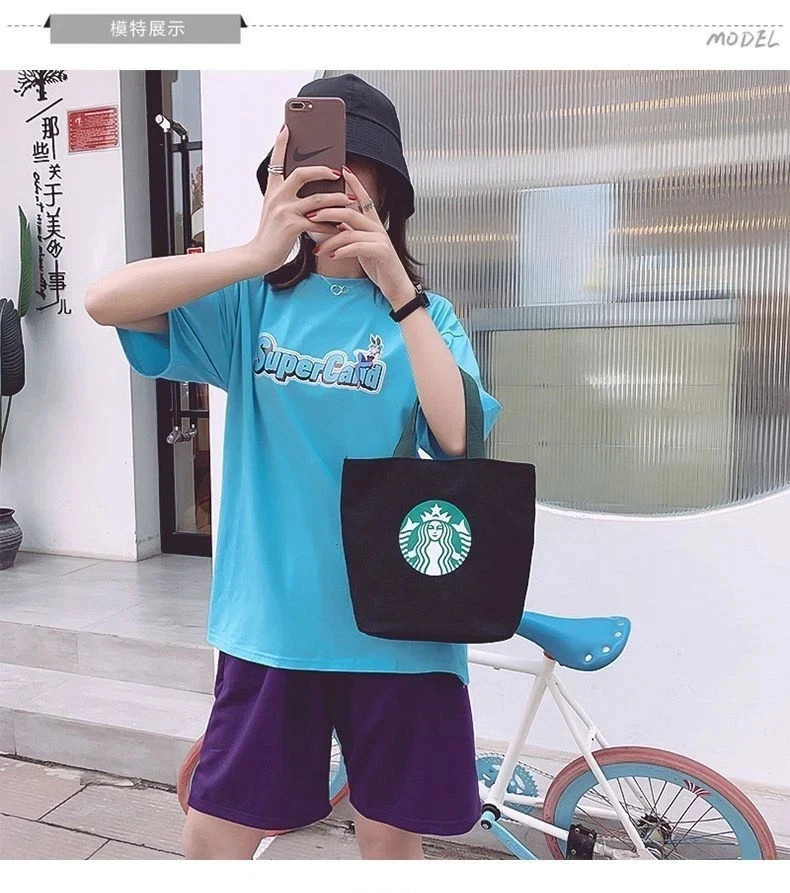 Starbucks Large Canvas Tote Bag with Green Handles – Reusable Daily Bag black