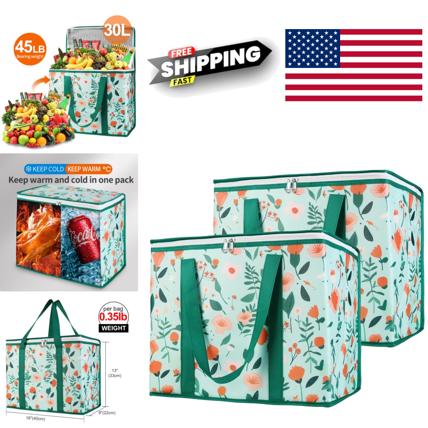 Foldable Insulated Shopping Bags 30 Liter Capacity Zipper Closure Floral Design