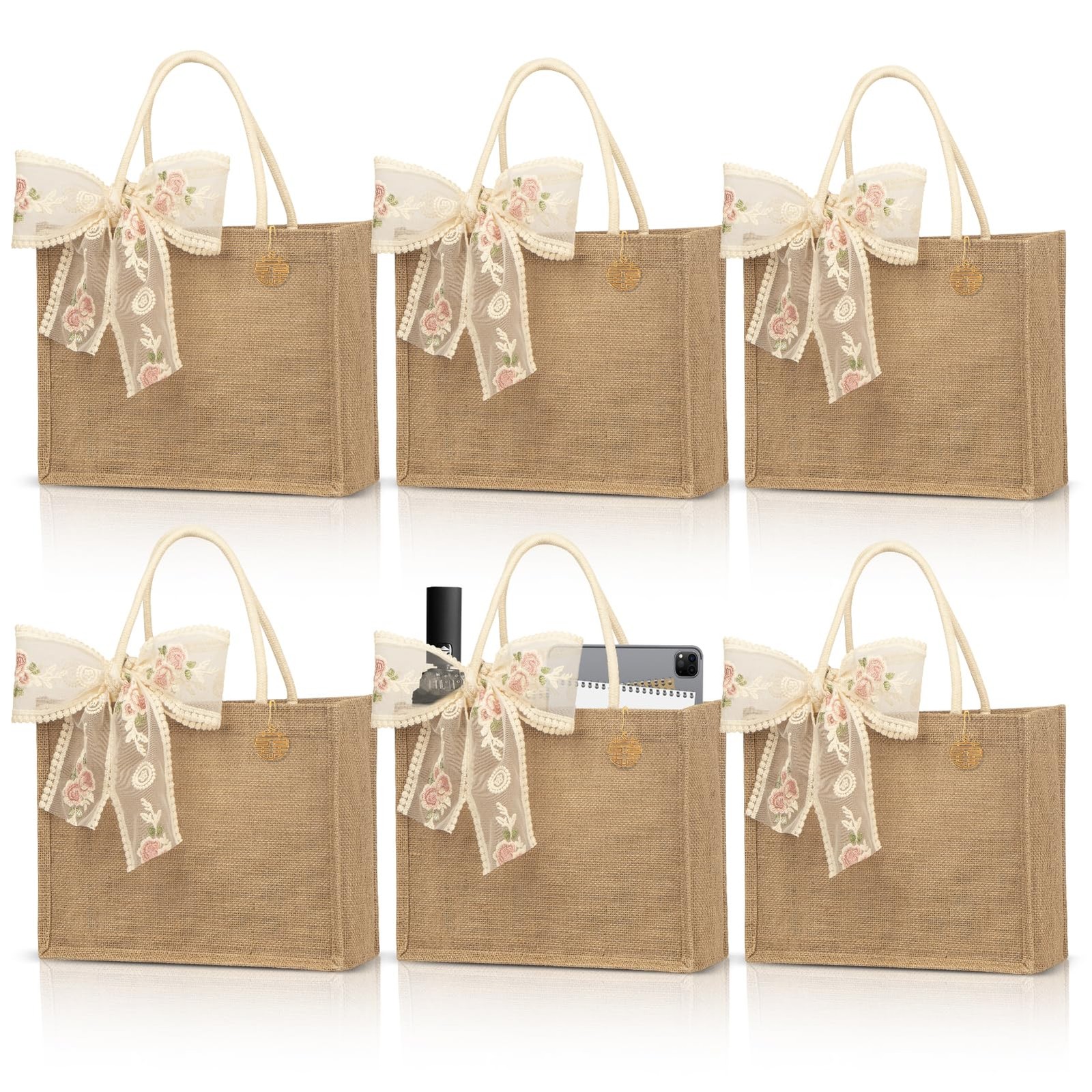 6pcs Burlap Jute Tote Bags With PE Laminated Interior, 13″ x 9.4″ x 5″ Water …