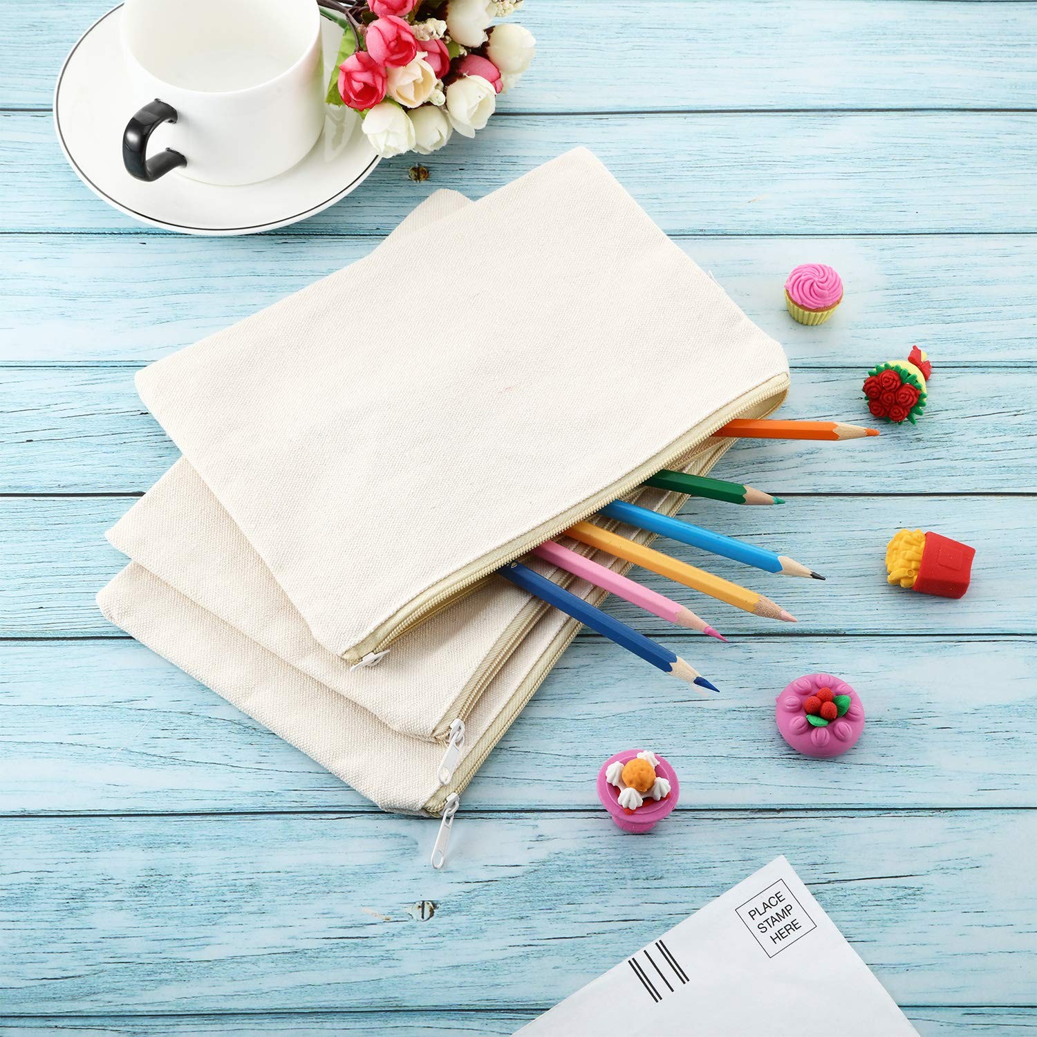 Gejoy 10 Pieces Cosmetic Canvas Pouch Bag Multipurpose Makeup Large, Beige