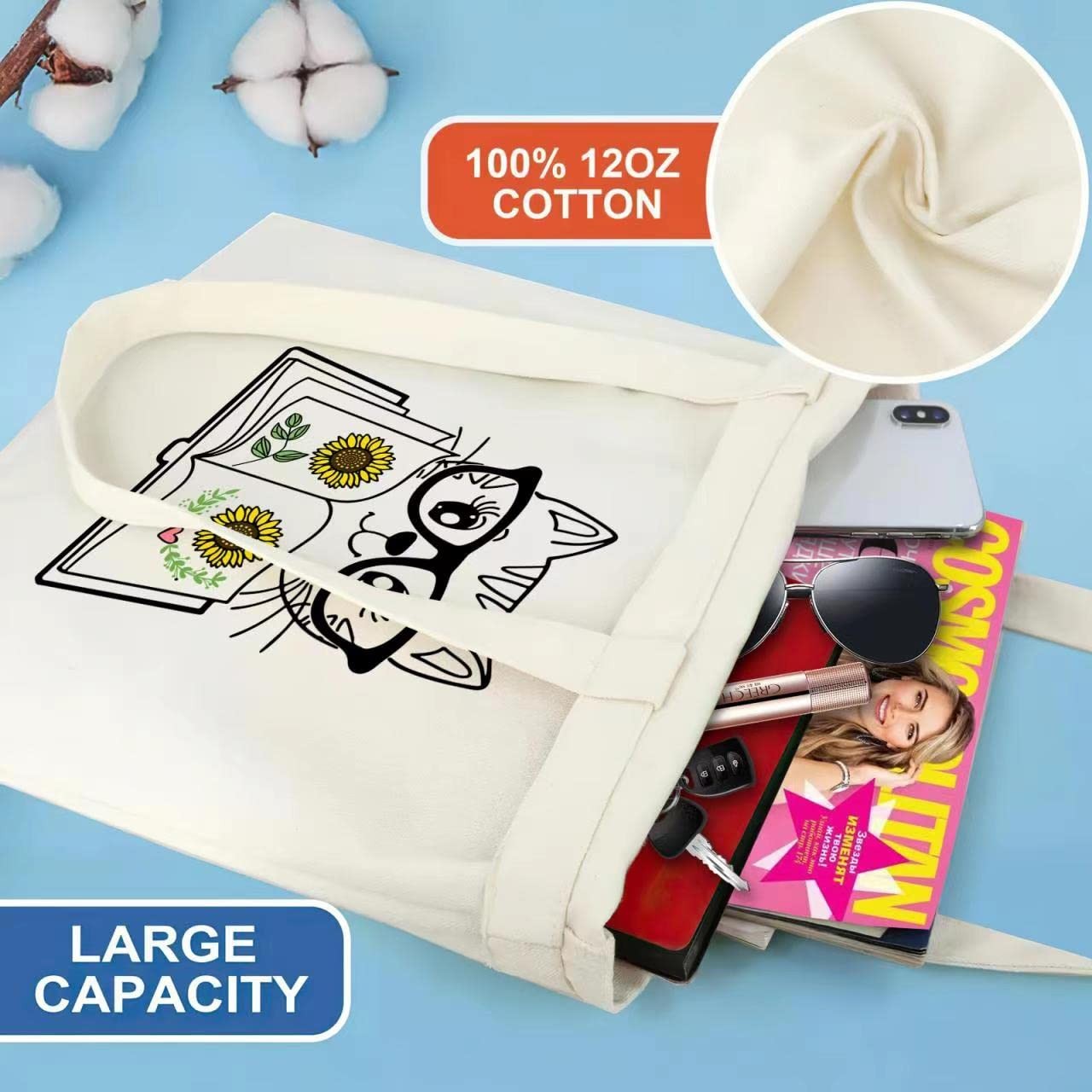 Canvas Tote Bag for Women Aesthetic Cute Cat Book Flower Graphic Tote Bag wit…