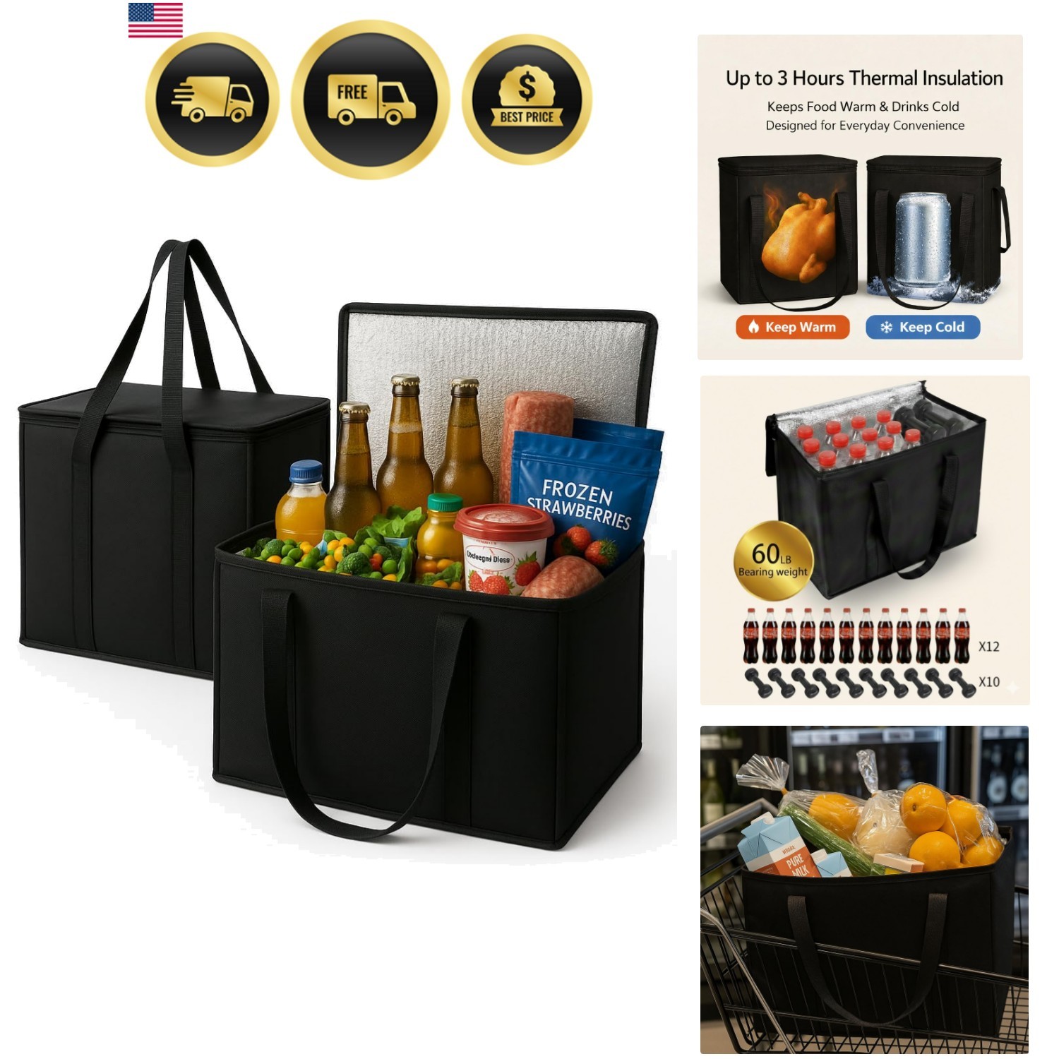 2-Pack, XL-Large Insulated Grocery Shopping Bags, Black, Reusable Bag,Thermal…