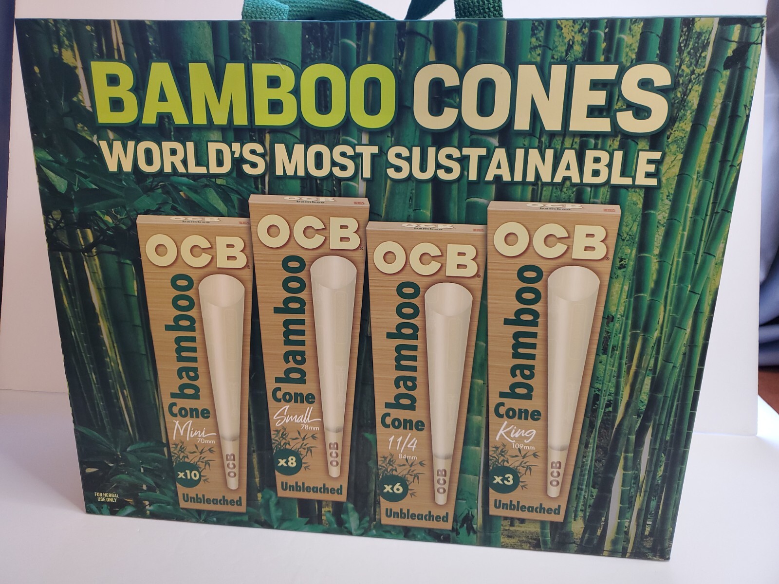 Cardboard Tote Shopping Bag Bamboo Cones 6x13x16″ Green Canvas 6.5″ Strap Drop