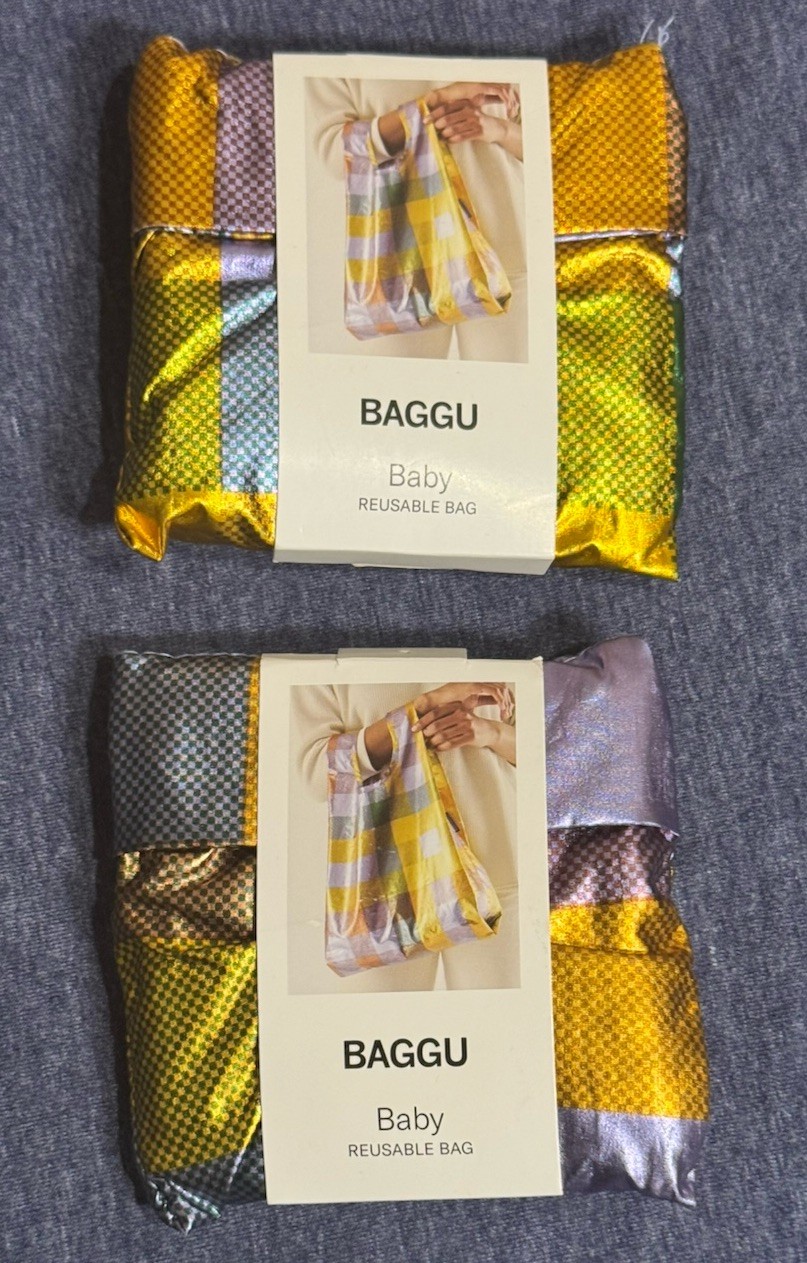 Set Of 2 BAGGU Baby Reusable Bag MADRAS METALLIC Plaid Purple Gold Tote NWT