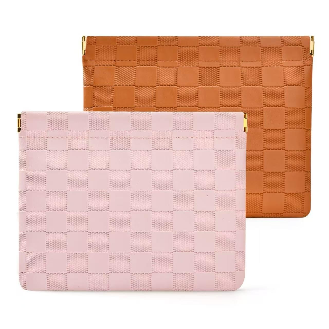 2-Pack Small Waterproof Checkered Makeup Bag – Portable Leather Pink&Brown