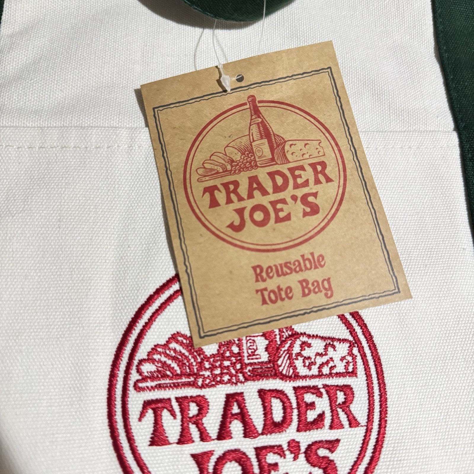 Trader Joe’s Medium Canvas Reusable Tote Bag Green/White Colorblock 18x7x15