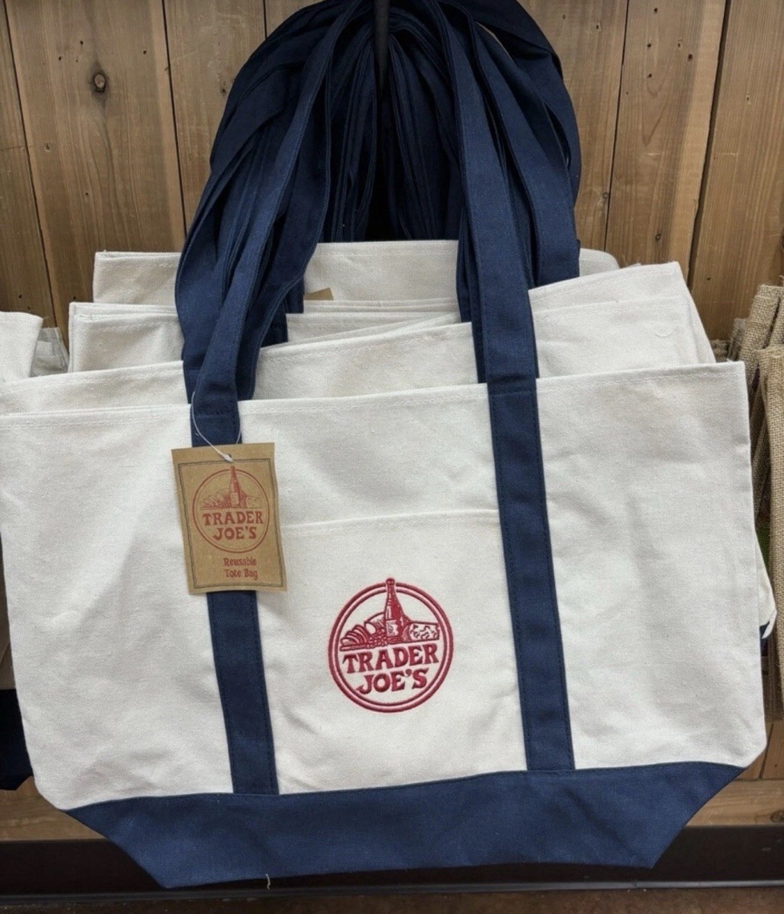 Trader Joe’s Foldable Canvas Reusable Shopping Tote Bag Beige Navy Blue Red