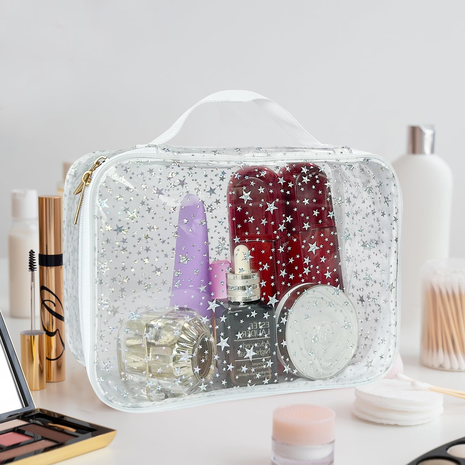 TotePrint Star Pattern PVC Waterproof Makeup Bag – 9.84×7.09×3.94inch, White