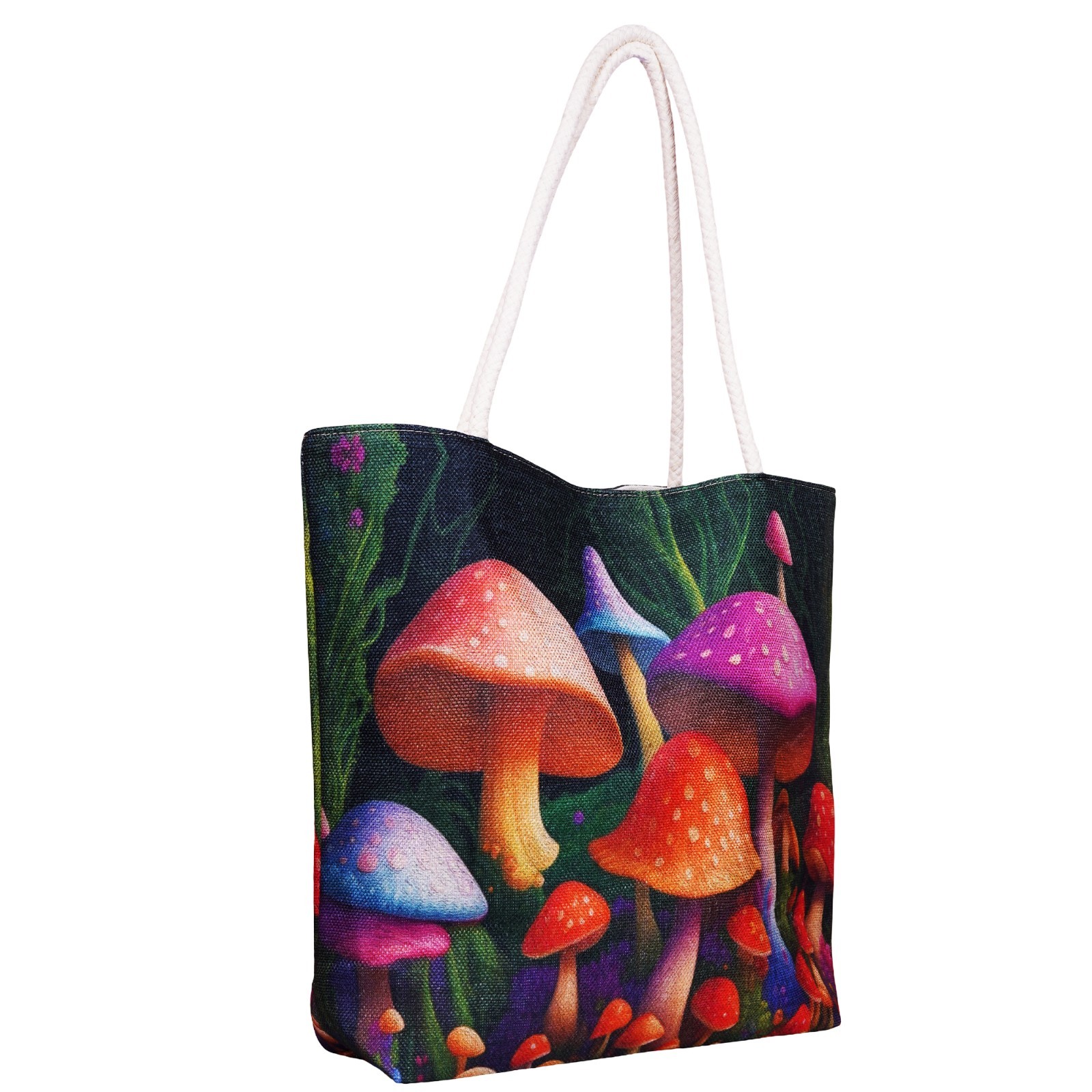 Garden of Mushrooms Jute Tote Bag – 17 x 15 x 4.5″ Eco-Friendly Shoulder Bag