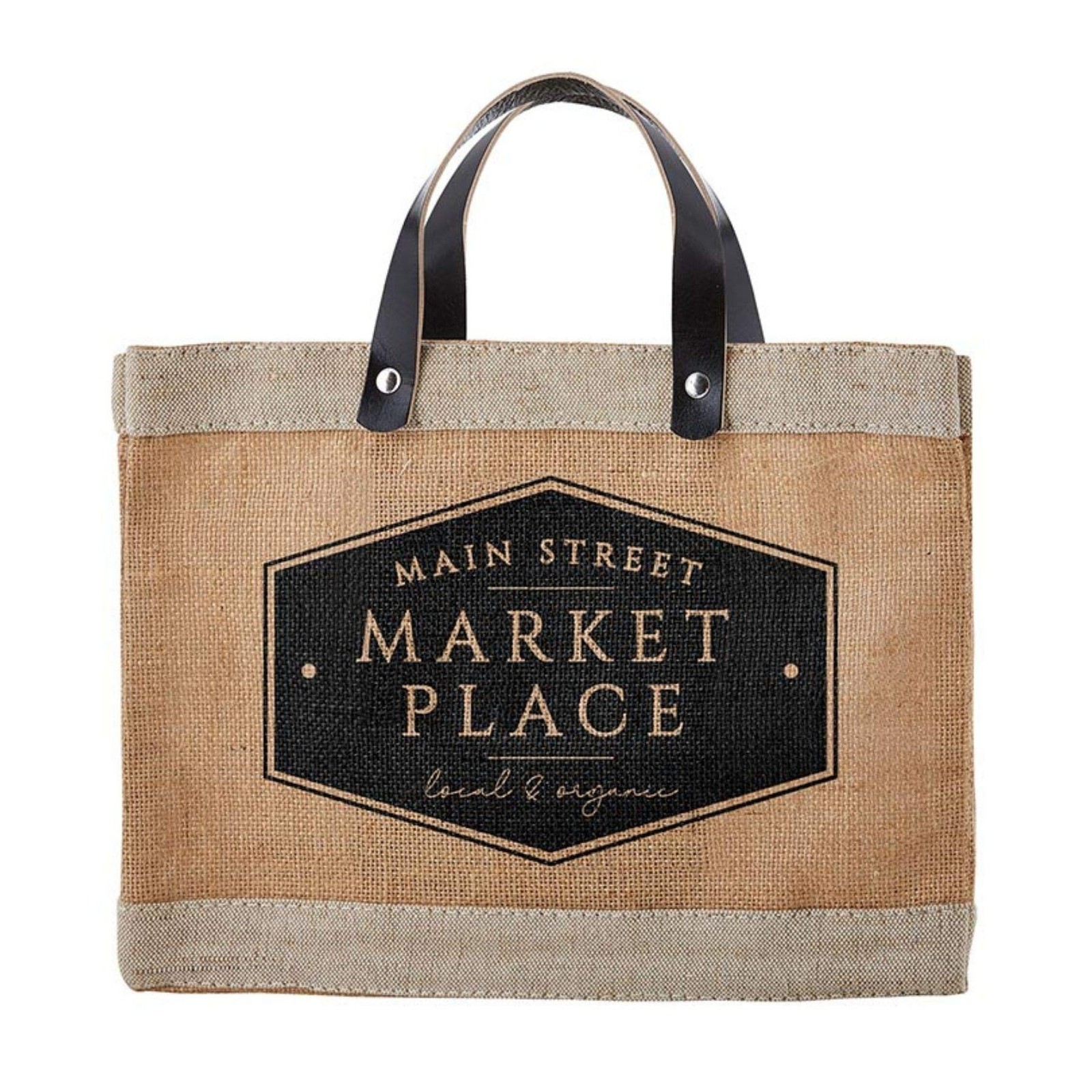 Main Street Farmers Market Tote, Reusable Burlap Grocery Bag with Leather Han…