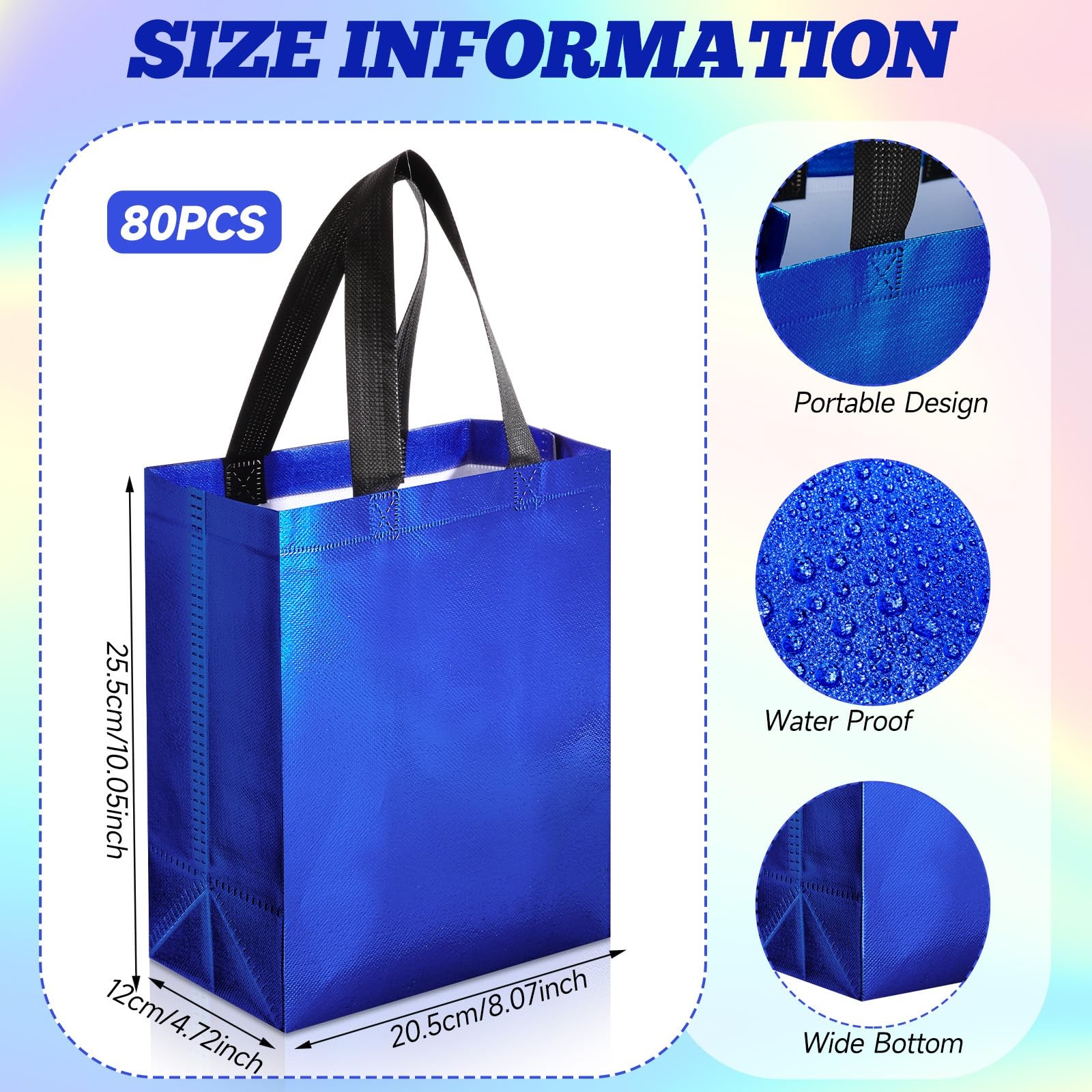 80 PCS Blue Glossy Reusable Grocery Tote Gift Bags With Handles 10x8x4.7 Inch