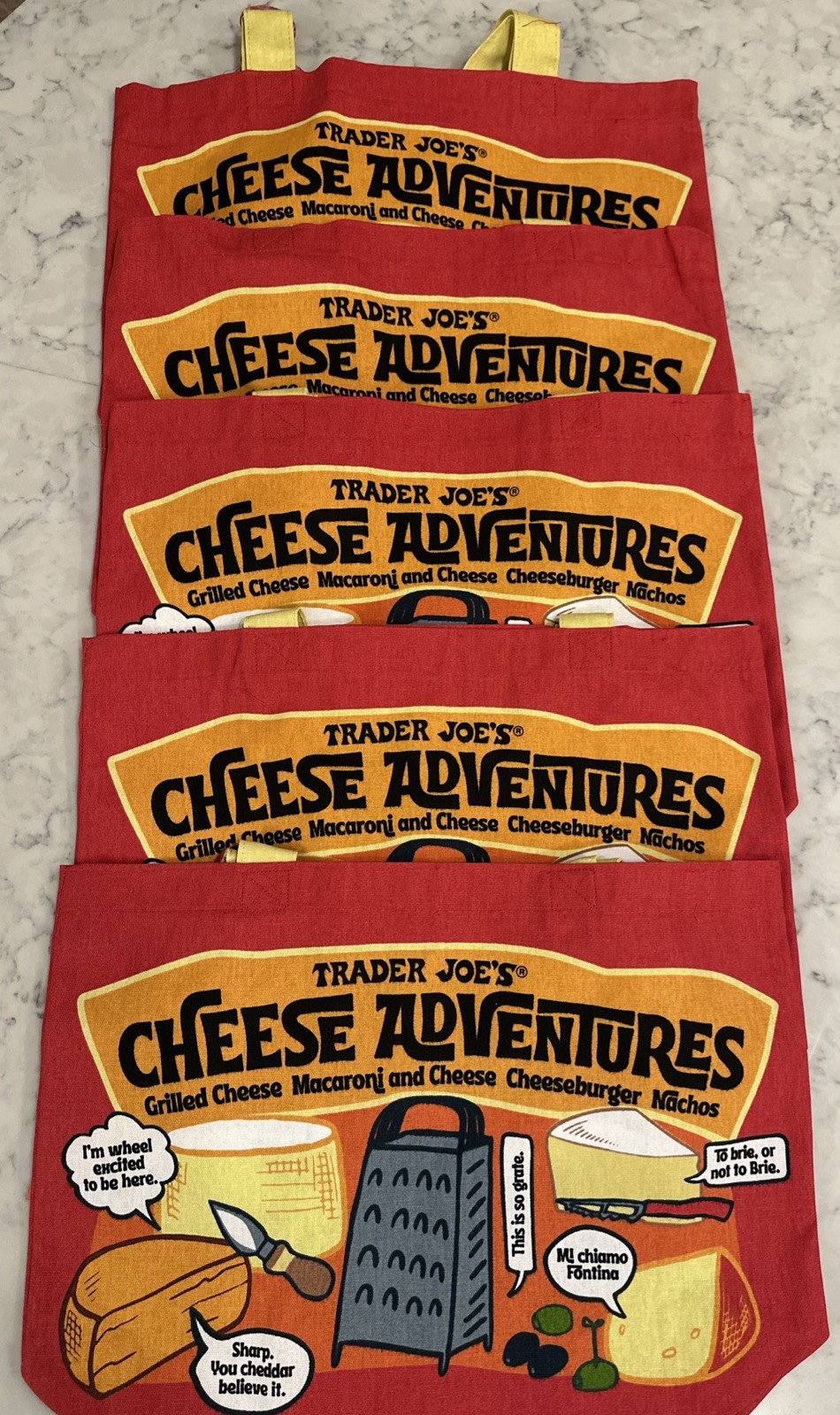 Trader Joe’s Cheese Adventures Reusable Heavy Cotton Shopping Bag -5 PCS