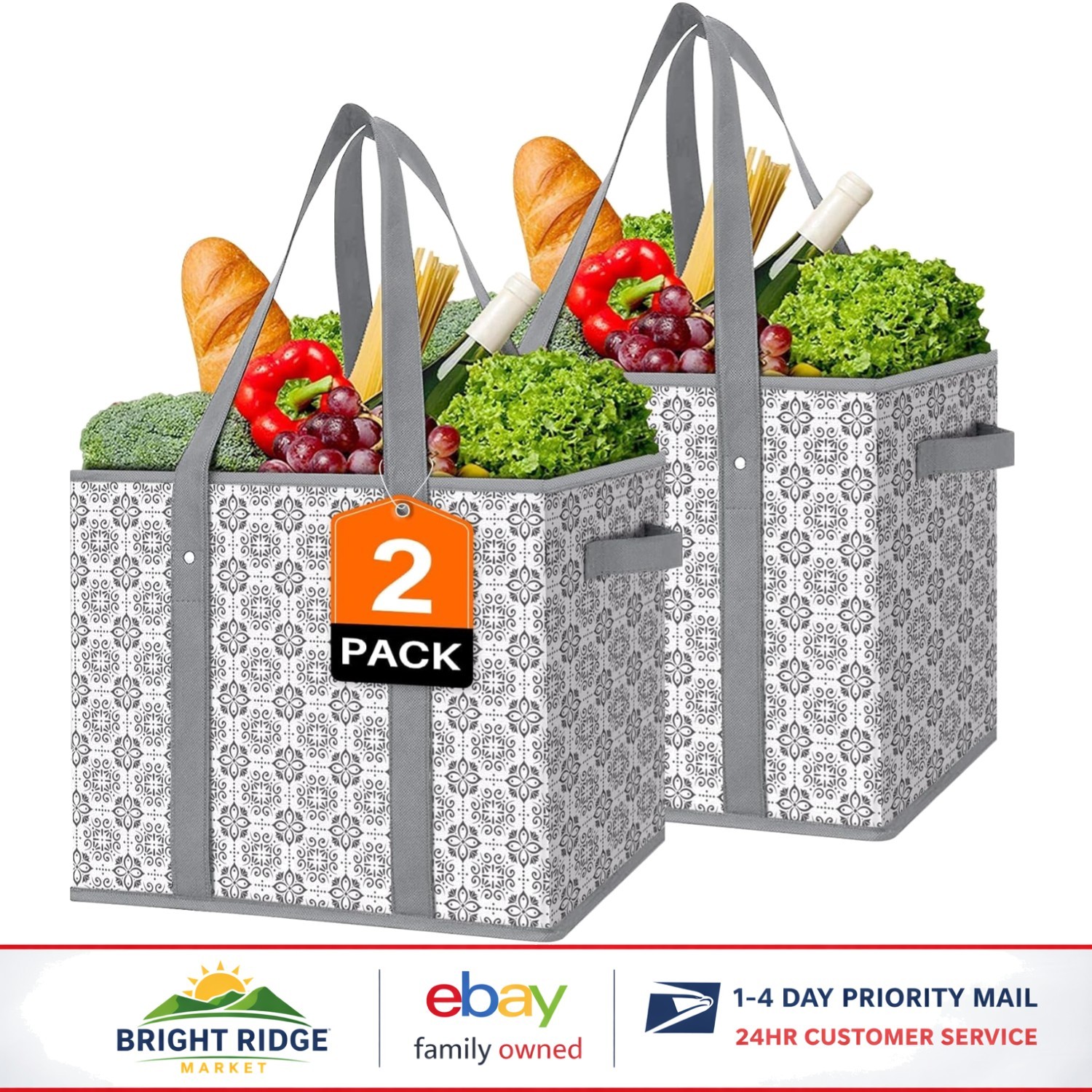 Large Reusable Grocery Tote Bags Set, Water Resistant Shopping Bags 2 Pack