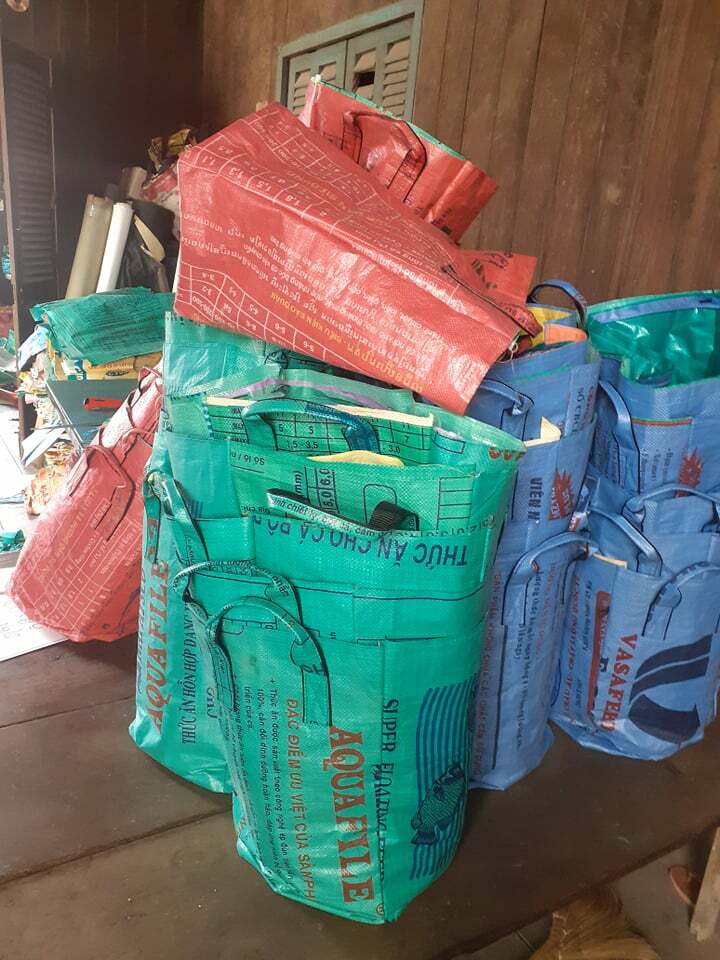 Fair Trade Upcycled Laundry Basket made from Recycled Fish Feed Bags in Cambodia