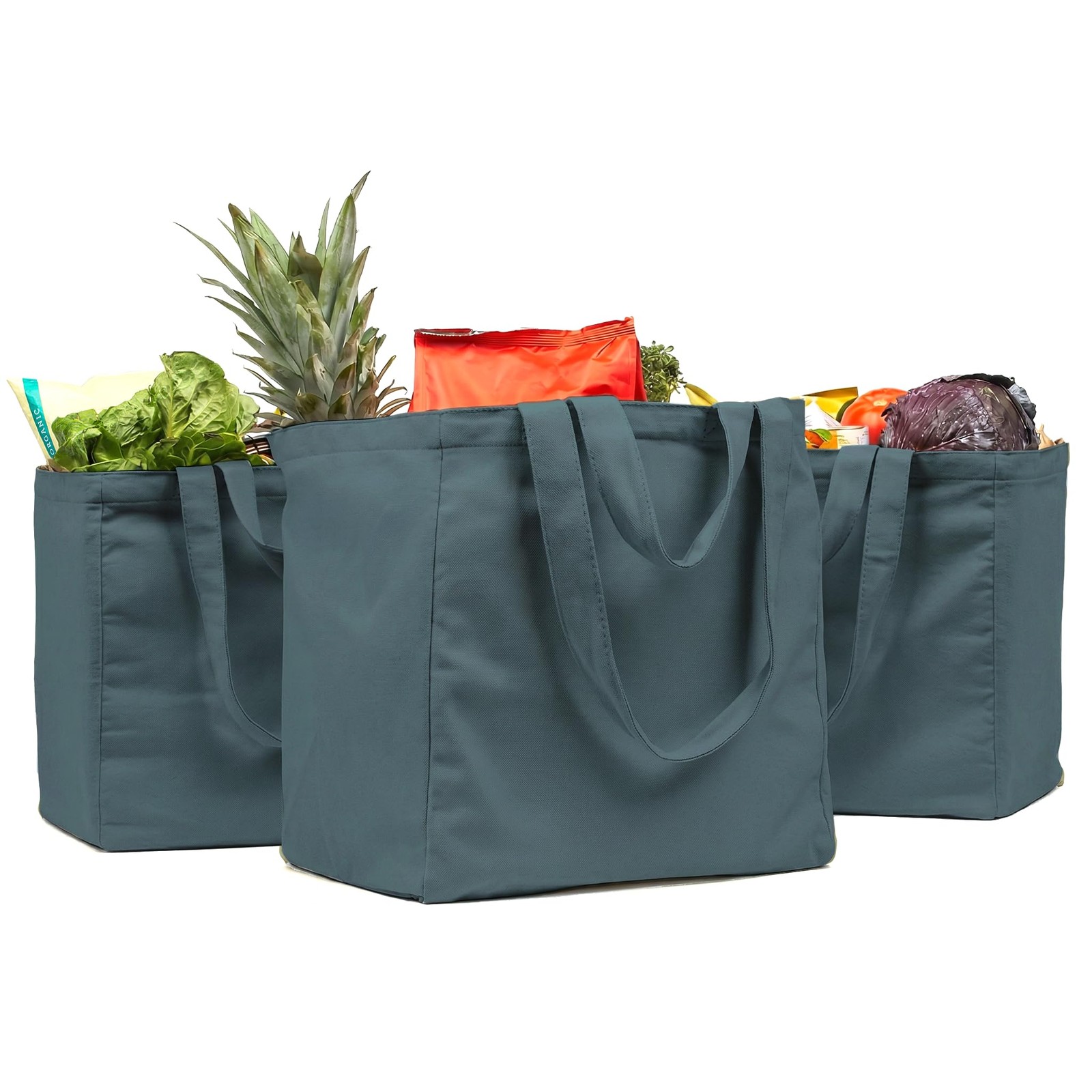 Canvas Grocery Bag 3pc Jumbo Set with Real Pockets, Long Shoulder Strap and S…