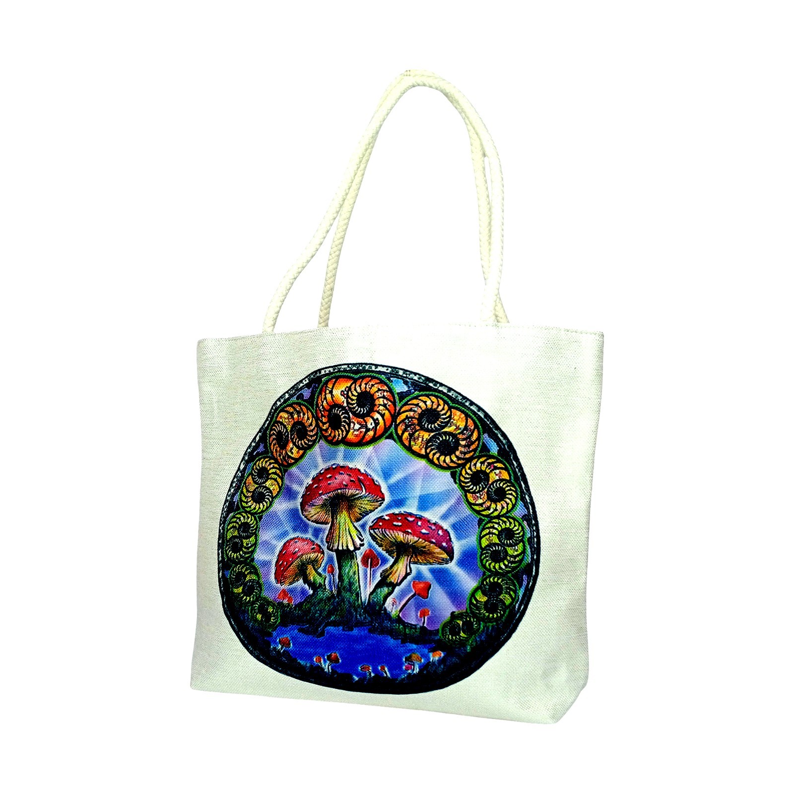 DuBois Mushrooms Jute Rope Handled Tote Bag Design – 16″ x 15″ x 5″