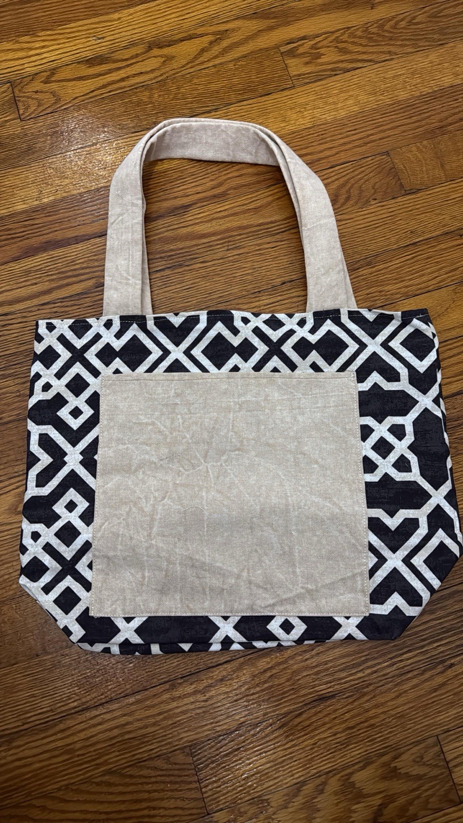 Black & White Geometric Print Reusable Canvas Tote Shopping Bag Beige Handles