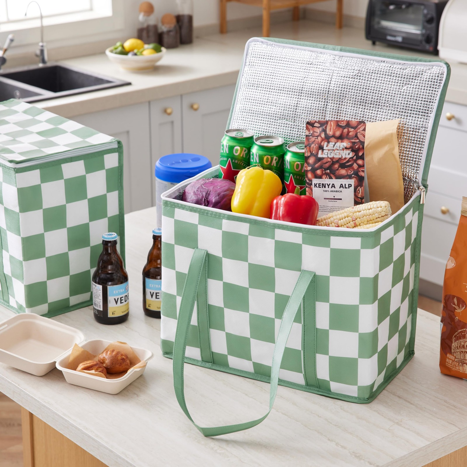 Sage Green Checkered Insulated Grocery Bags 2 Pack, Checkerboard Cooler Shopp…