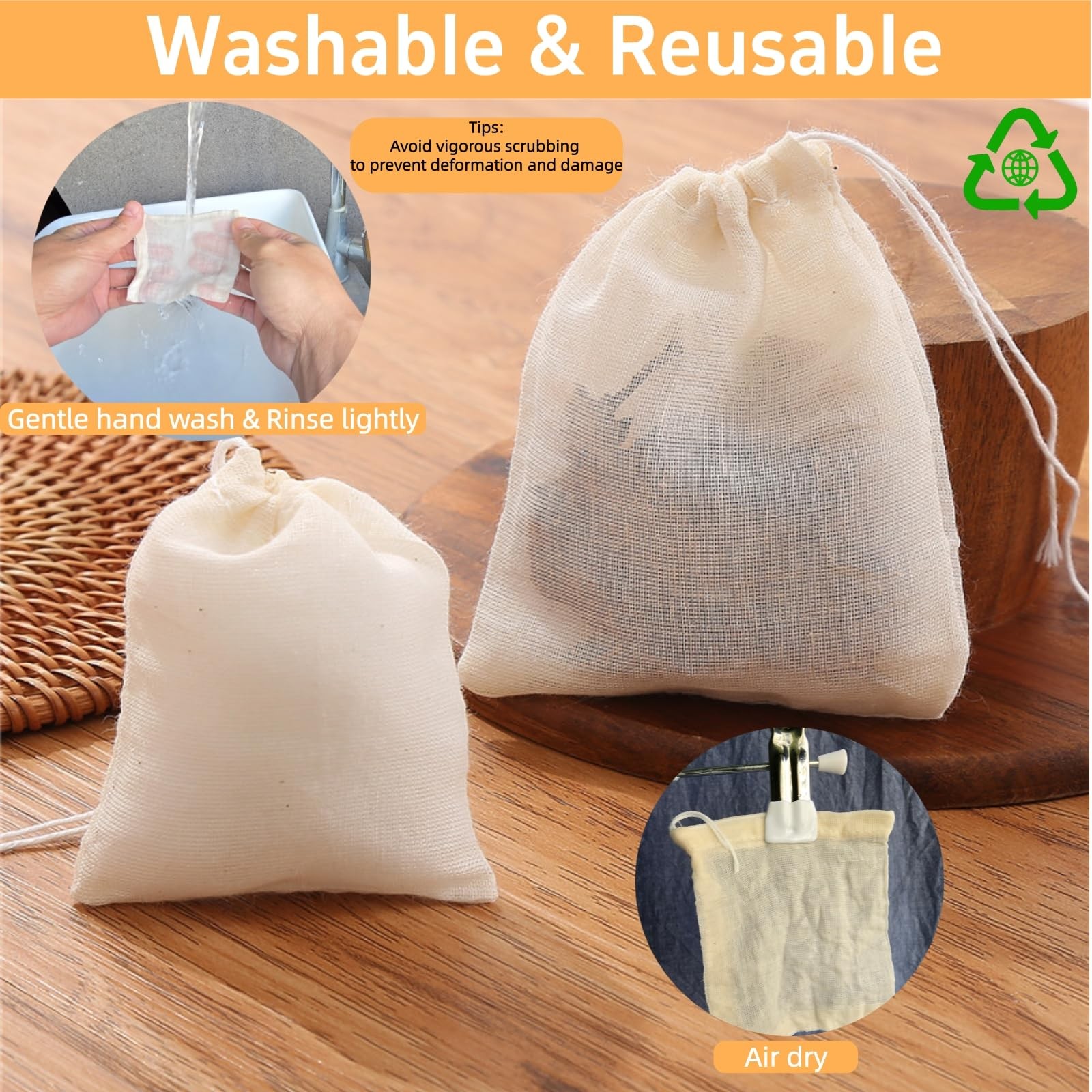 [50-Pack Natural Unbleached] Cotton Muslin Drawstring 3×4″, Cream/Tan
