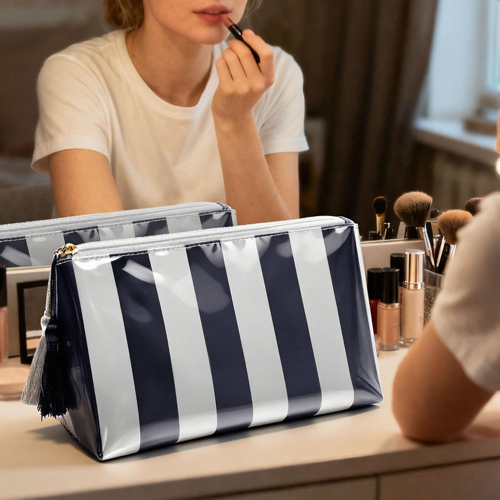 Fozira Makeup Bag for Purse, Small(9.84in*4.33in*5.91in), Blue+White Striped