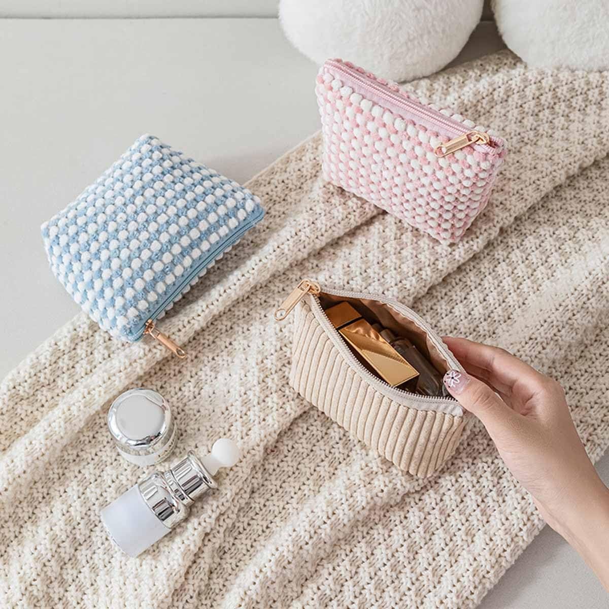Heogacinlia 4 PCS Corduroy Cosmetic Bag Lattice Makeup Pink, blue, khaki
