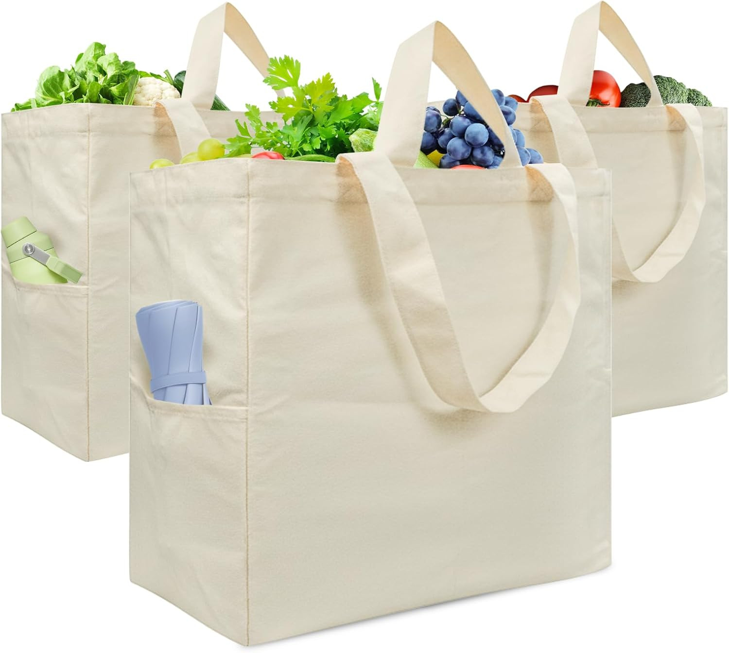 Canvas Tote Bag, Heavy Duty Reusable Grocery Bags with Pockets, Large Shopping B