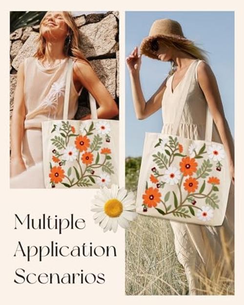 Embroidery Canvas Tote Bag for Women – Reusable Totes with Pocket Leaf Flower
