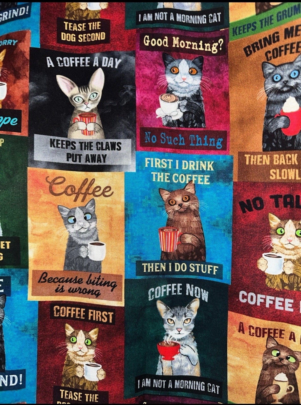 Kitty Cats And Coffee Handmade Washable Reversible Grocery And Tote Bag