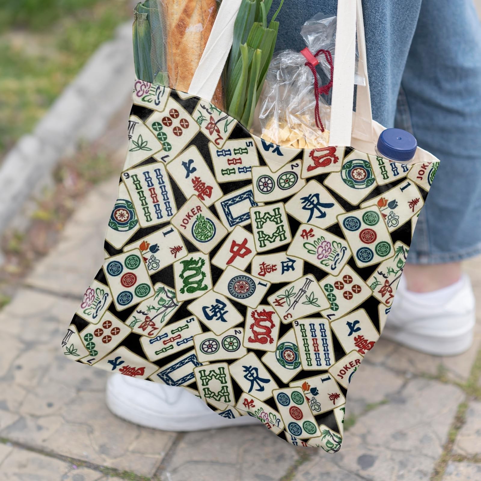 Retro Chinese Mahjong Tile Canvas Tote Bags for Women, Mahjong Gifts for Wome…