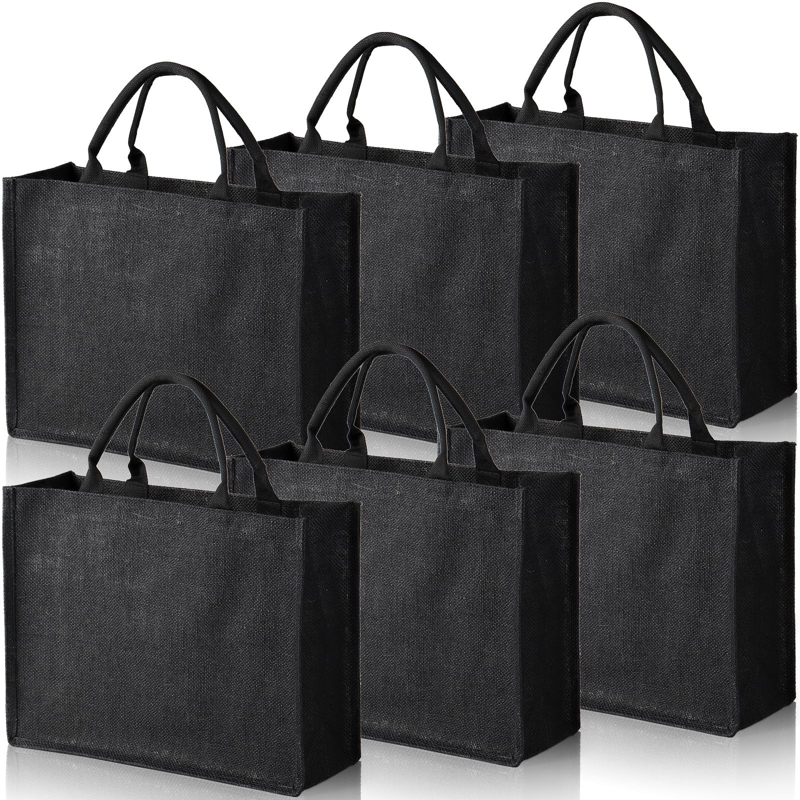 6 PCS Large Jute Burlap Tote Bag Black Laminated Interior 15.4×12.2×5.9 In