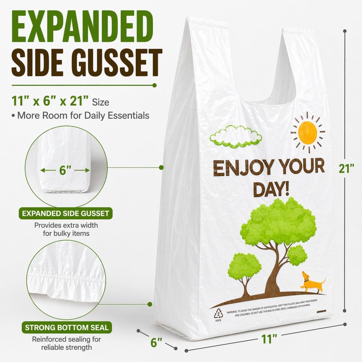 White T-Shirt Shopping Bags 11x6x21 – 150PCS, Versatile for All Retail Needs