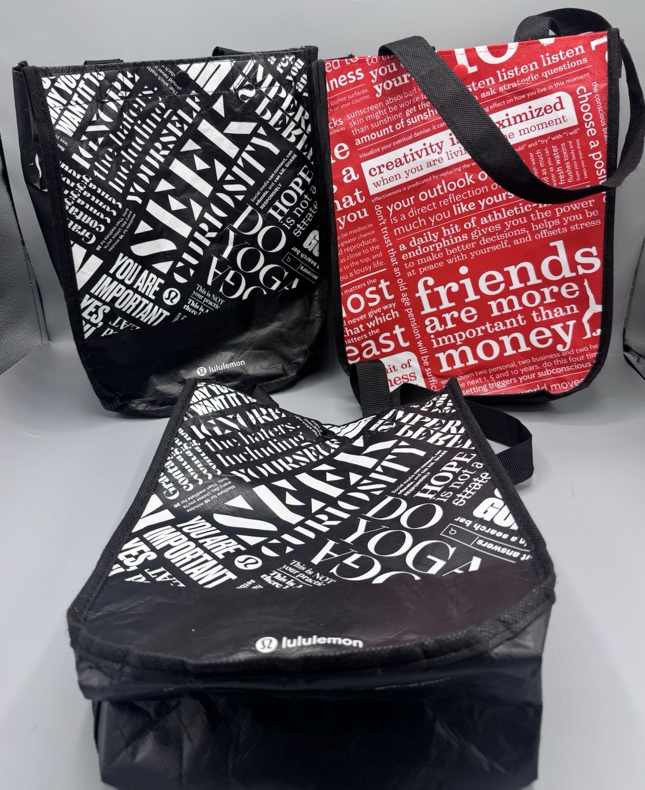 Lululemon 3 Reusable Shopping Gift Bags Small Totes Snap Closure Double Handles