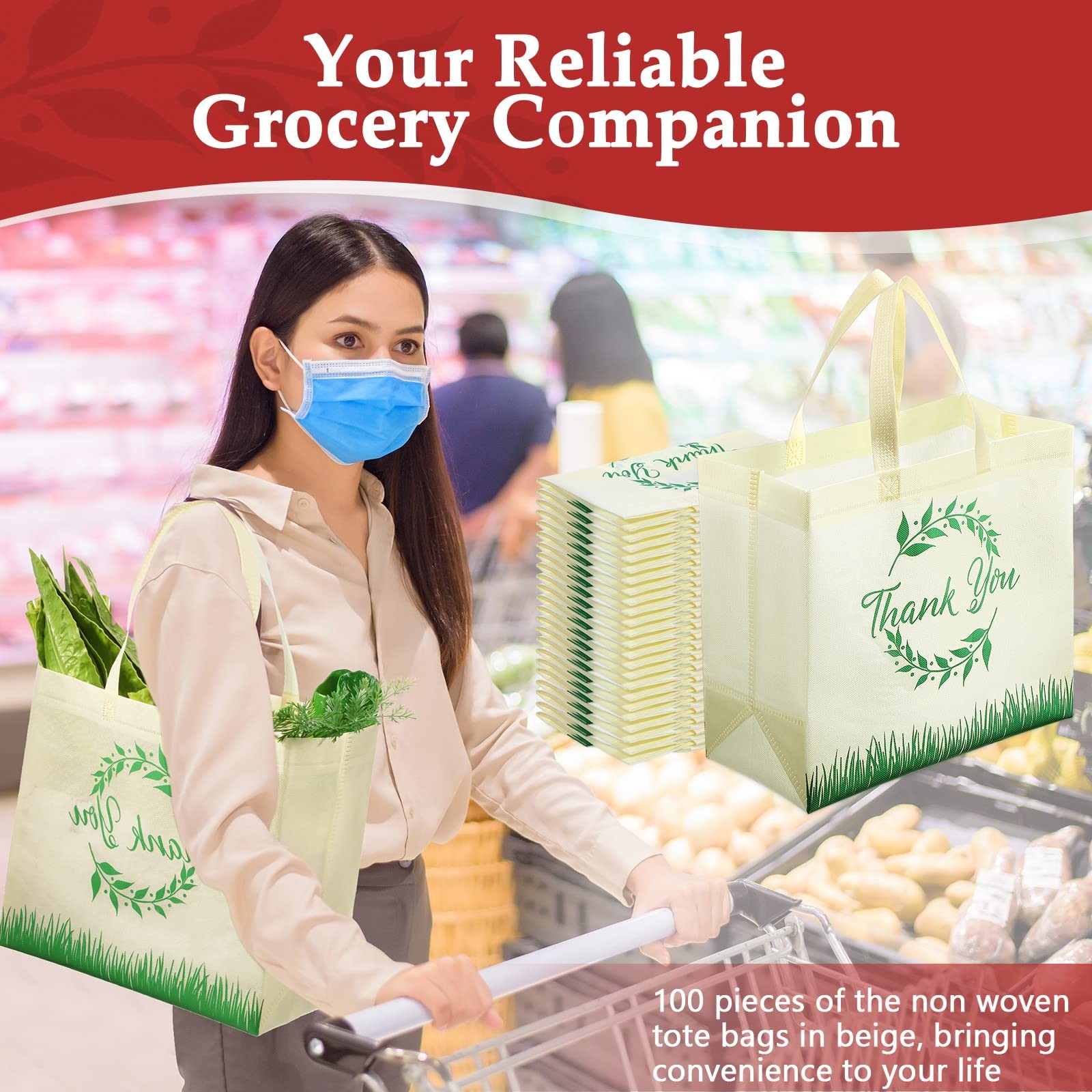 50 PCS Thank You Tote Bags Reusable Non Woven Foldable 12.6 x 6.3 x 11.8 Inch