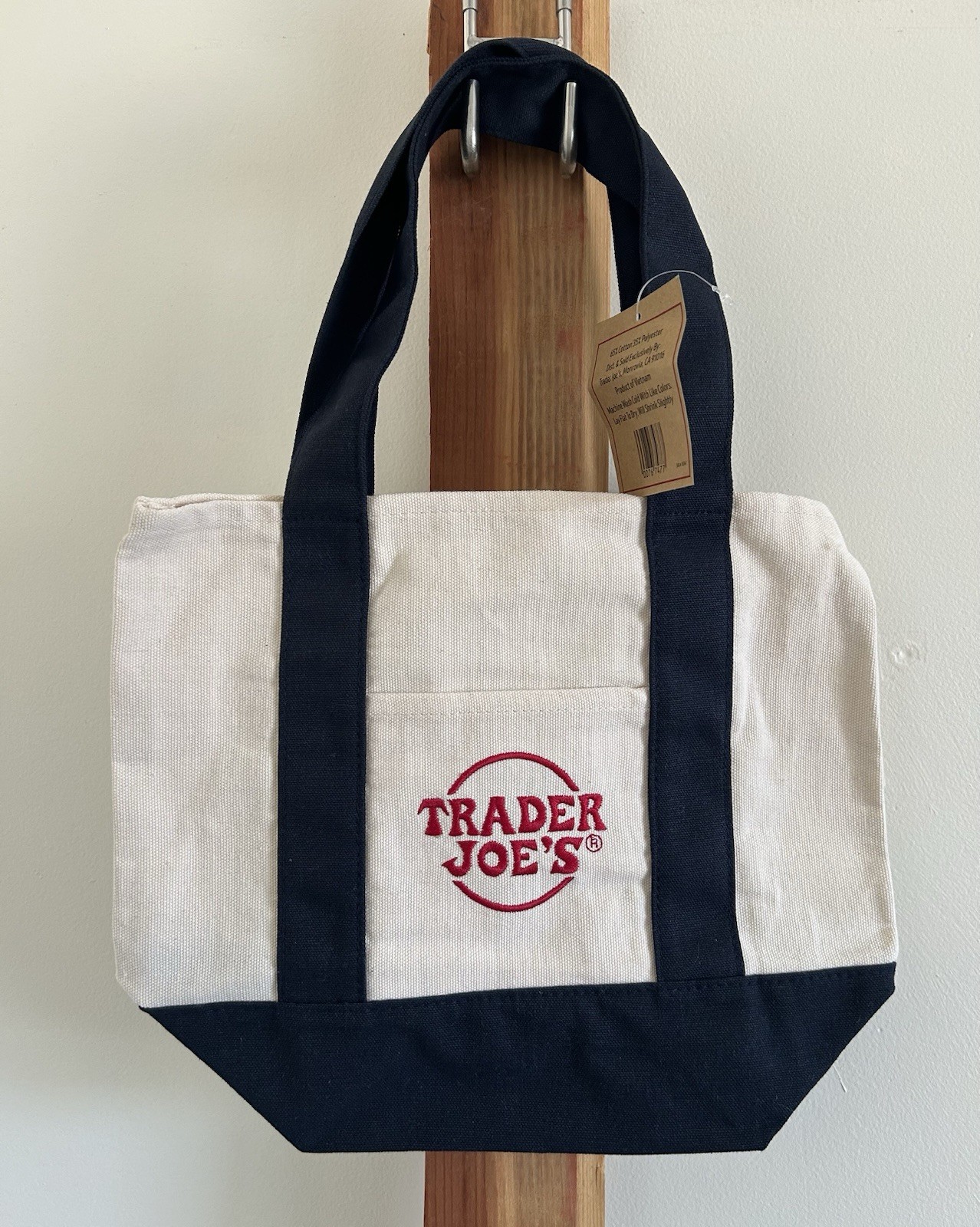 Trader Joe’s Mini Canvas Tote Bag Beige Navy Foldable Small 14x12x7.5 in